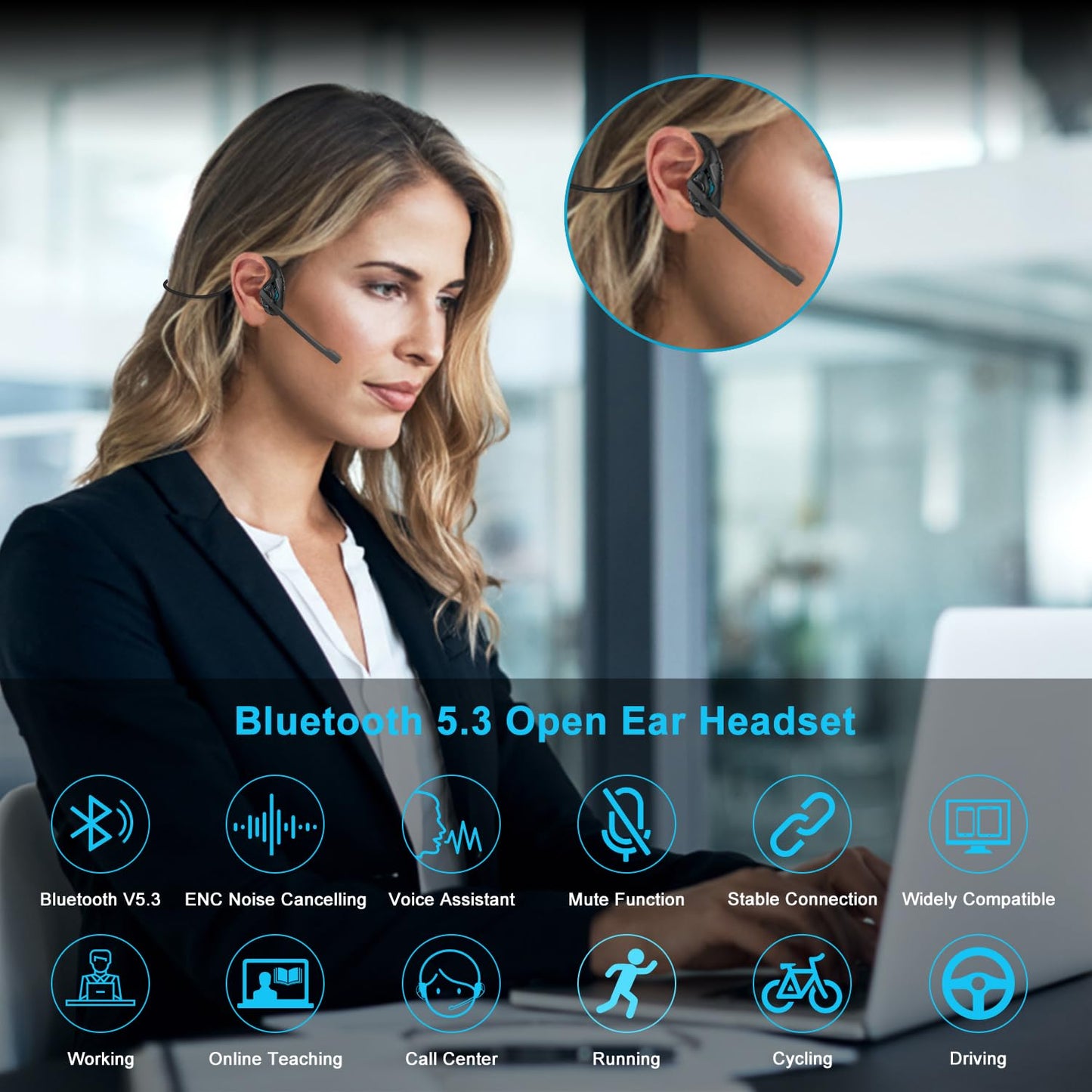 iDIGMALL Bluetooth 5.3 Headset with Microphone, Open Ear Headphones w/Noise Cancelling Mic for Phone PC Computer Laptop, Lightweight & Comfortable Wireless Headset for Office Driving Working Home,10H