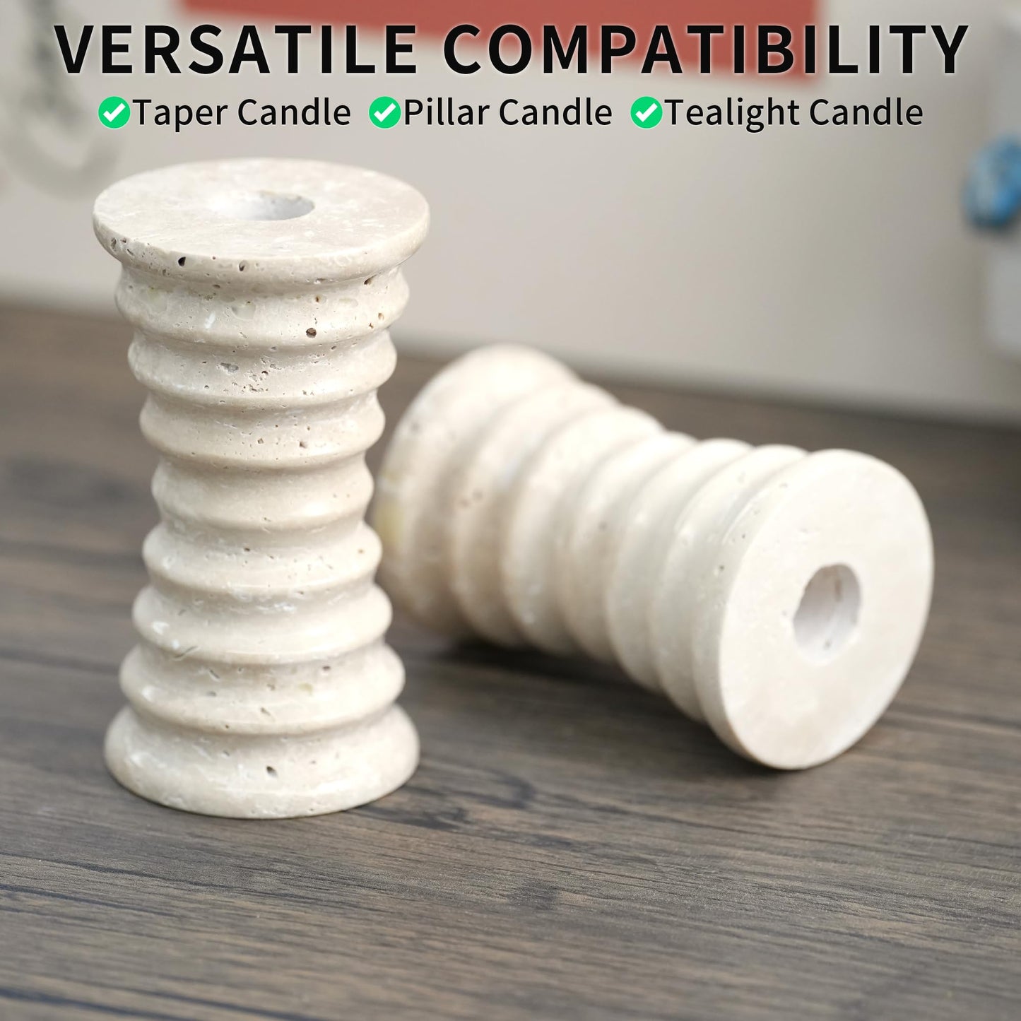 LWALMS Travertine Marble Candlestick Holders - Set of 2 Stone Candle Sticks Holder Decor, Decorative Modern Candle Stands Multi-Purpose for Taper/Pillar/Tealight/Scented Candles