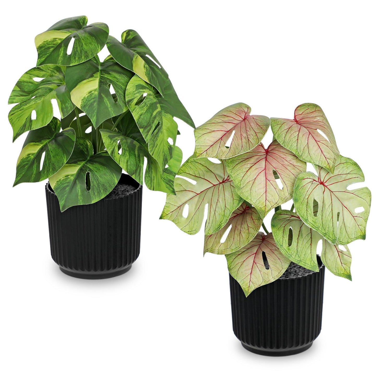 Oairse Small Artificial Monstera Potted Plant - 2 Pcs Faux Monstera Plants Mini Fake Greenery Deliciosa Plant Potted Fake Tropical Plants in Pot for Home Office Table Room Farmhouse Indoor Decoration