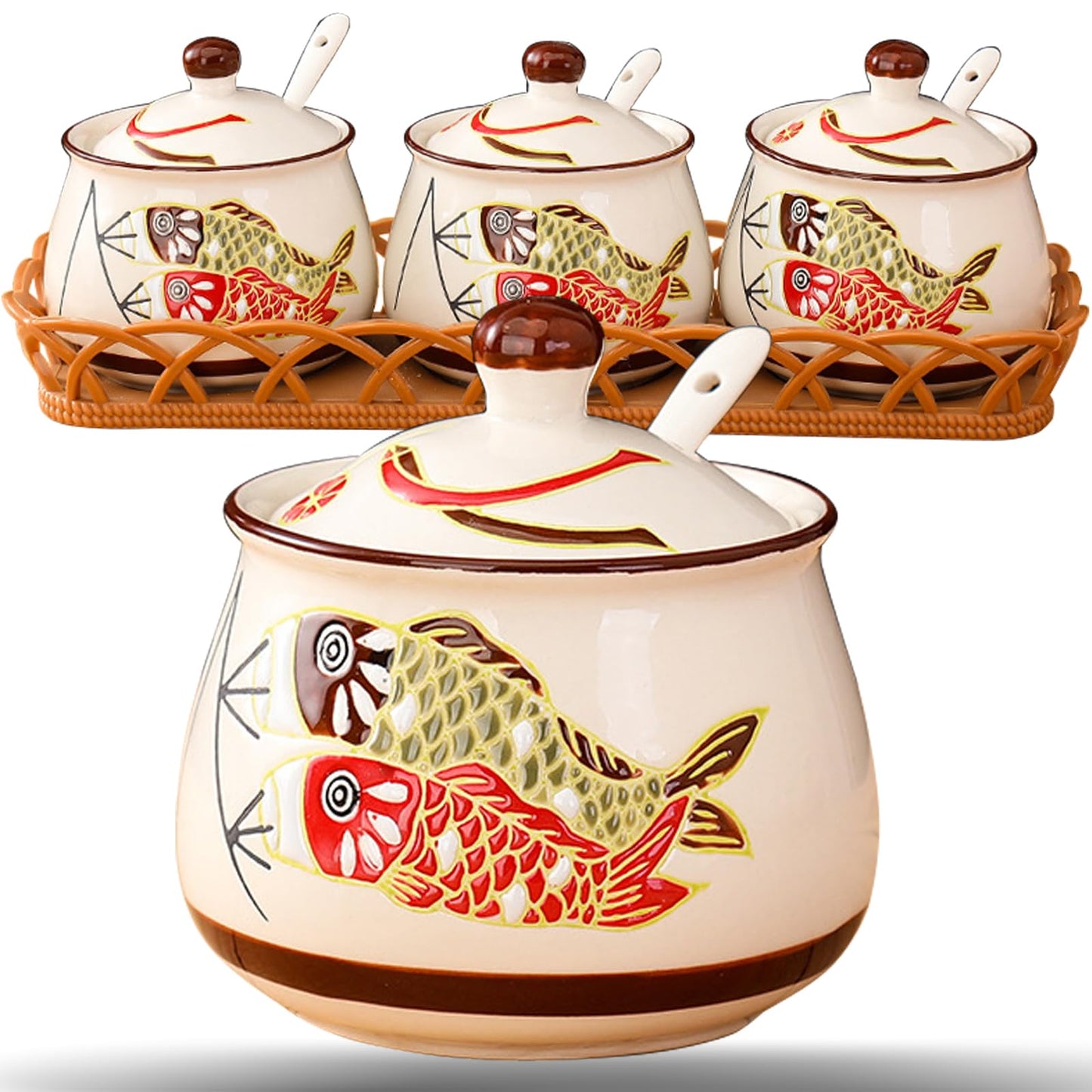 Orkim Kitchen Ceramic Condiment Jars with Lids and Spoons, 3 Piece Porcelain Seasoning Jar Set for Salt Spice Pepper Suger Bowl, Coffee Tea Container Pot with Serving Tray - Japanese Koinobori