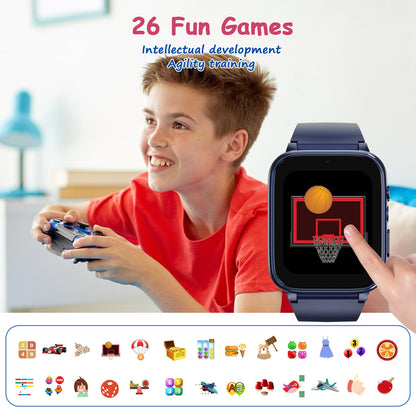 Goodatech 1.69'' Kids Smart Watch 4-12 Years Boys Girls, 26 Puzzle Games,HD Camera,Video Music Player,Pedometer,Flashlight,Alarm Clock,Learn Card,Audio Book,Smartwatch for Children Gifts (Blue)