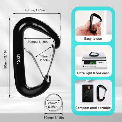 4-Pack Carabiner Clips Heavy Duty-12KN, 7075 Aircraft Aluminum Carabiners with Wiregate - Lightweight, D-Ring Key Hook, Fit for Hammock, Hiking, Camping, Dog Leash, Keychains（Black）
