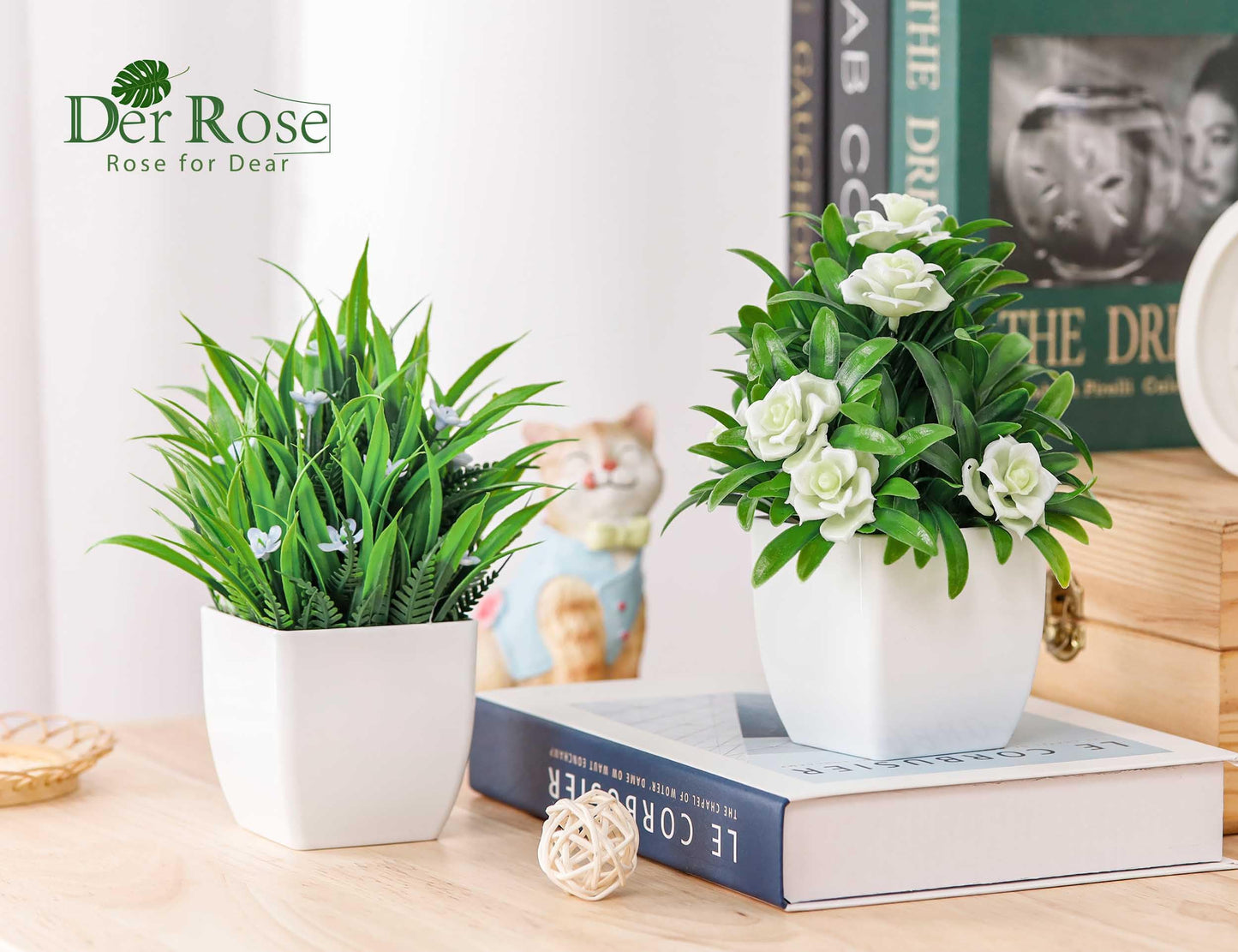 Der Rose 4 Pack Fake Plants Small Artificial Potted Faux Plants with Flowers for Home Bathroom Living Room Office Decor Indoor