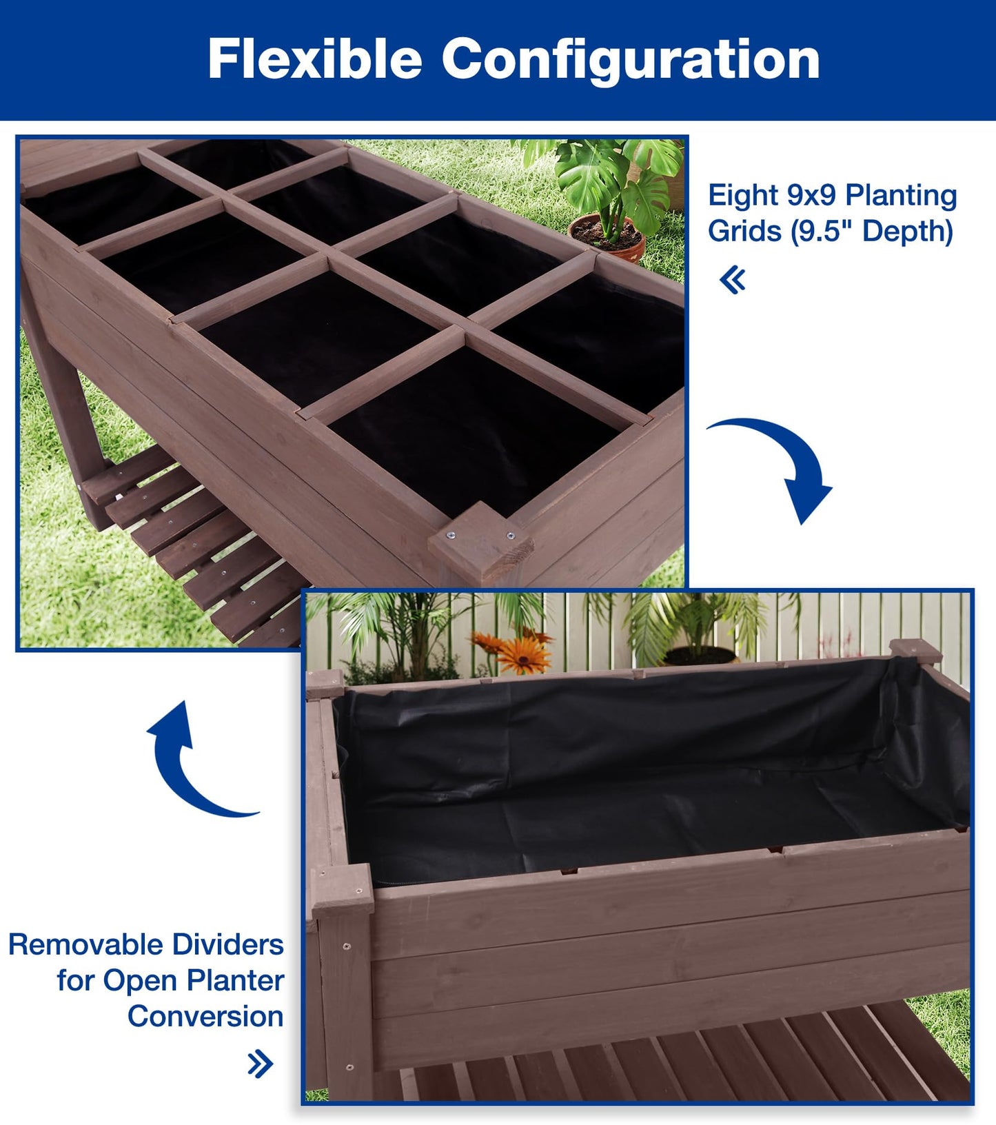 Joyqinchen Raised Garden Bed Outdoor with Wheels, 52.7" Elevated Wooden Garden Bed with 8 Planter Boxes, Removable Dividers, Storage Shelf, Standing Mobile Planter with Non-Woven Liner