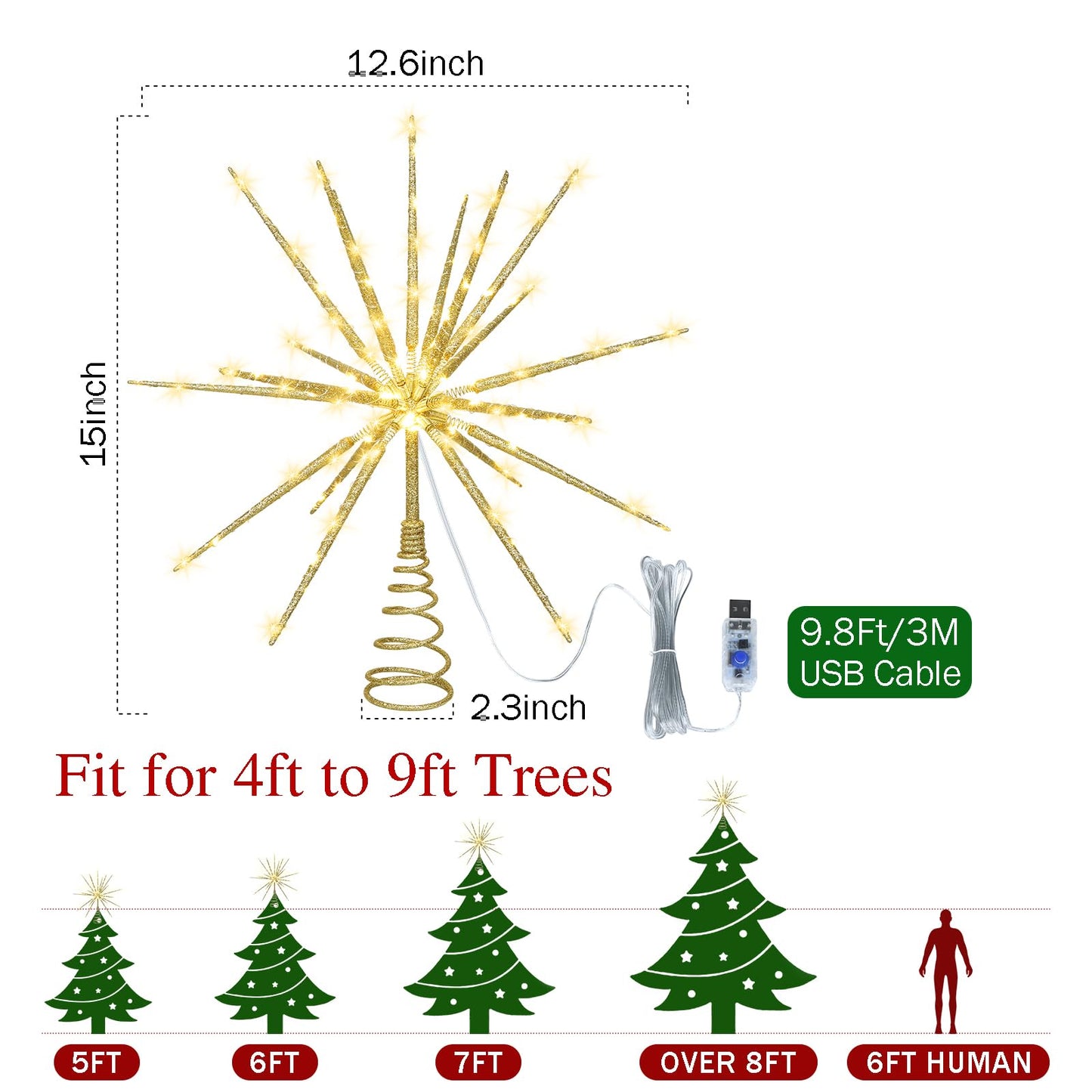 Obralitic 15 Inch Christmas Tree Star Topper with 150 LED Timer Lights & Remote, 19-Point USB Powered Lighted Gold Starburst Star Tree Topper for Indoor Holiday Party Xmas Tree Decor