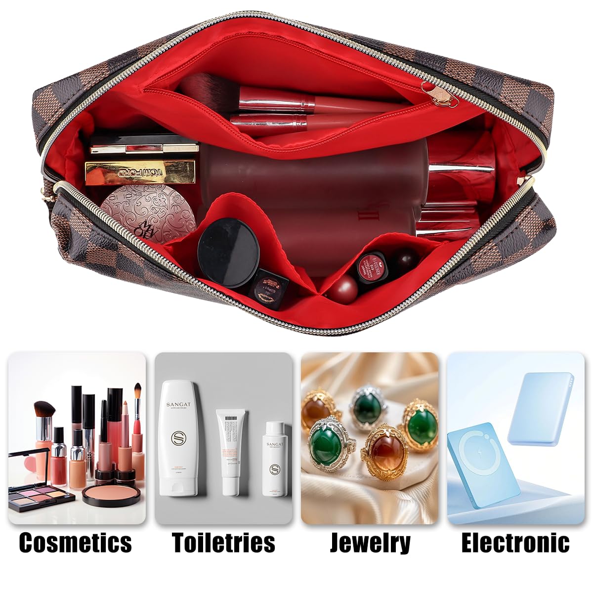 Makeup Bag, Checkered Cosmetic Bags for Women Toiletry Travel Retro Portable Make Up Bags for Christmas Birthday Gifts