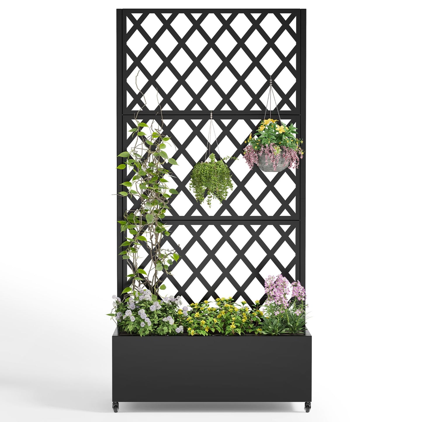 Metal Planter Box with Trellis,72"x35"x15",Galvanized Raised Garden Bed Trellis Outdoor Planter with Privacy Screen & Wheels and Drainage Holes,for Patio Climbing Vegetables,Flowers,Vines,Black