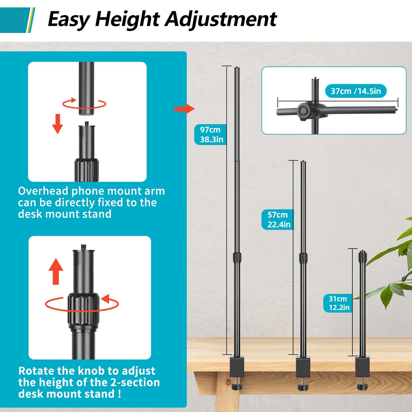 Overhead Camera Mount Desk Stand, Camera Arm Desk Mount Clamp Stand with 360°Adjustable Magic Arm, Webcam Arm Mount Stand w Ballhead Phone Mount for Desk Logitech Microphone Video Light Cell Phone