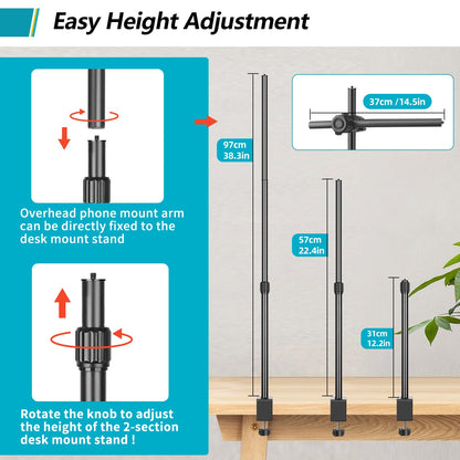 Overhead Camera Mount Desk Stand, Camera Arm Desk Mount Clamp Stand with 360°Adjustable Magic Arm, Webcam Arm Mount Stand w Ballhead Phone Mount for Desk Logitech Microphone Video Light Cell Phone