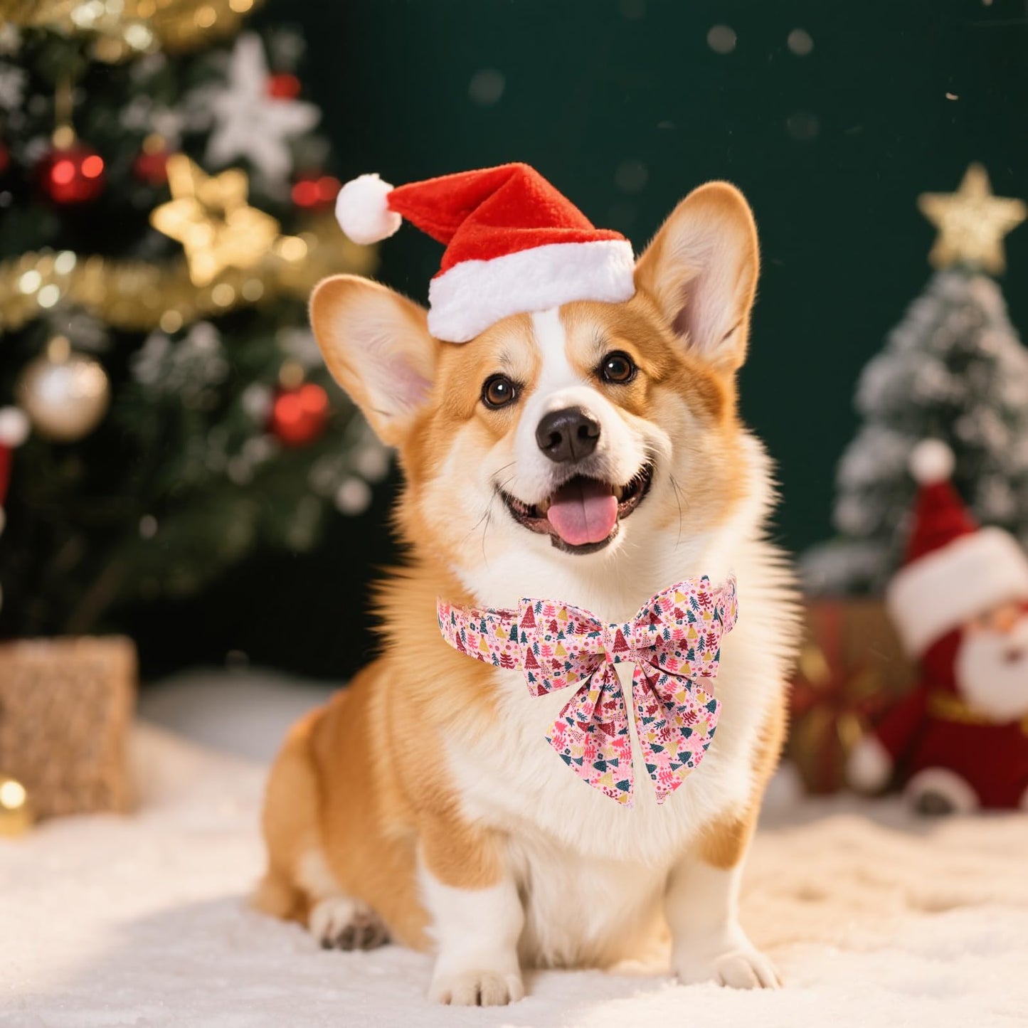UP URARA PUP Christmas Dog Collar with Bow Tie, Pink Christmas Tree Collars for Dogs, Adjustable Pet Collar with Cute Xmas Tree Pendant, Winter Dog Accessories for Small Medium Large Dogs L