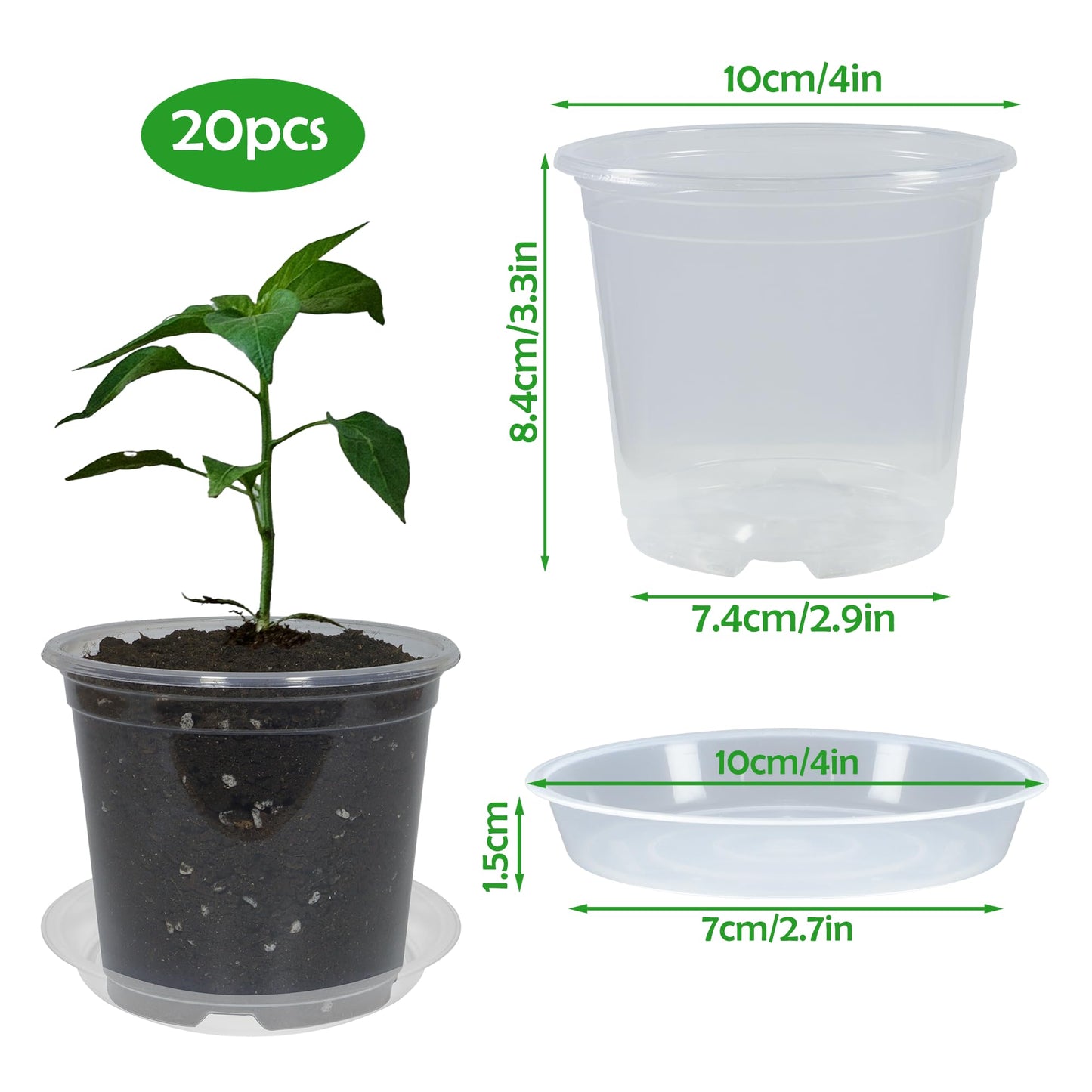 TNTIWQ 20 Pack 4 Inch Clear Nursery Pots with Drainage and 20 Pack Plant Saucers, Plant Pots for Plants Transparent Potting Containers for Plants Seeding Starter Pot (Clear, 4 Inch)
