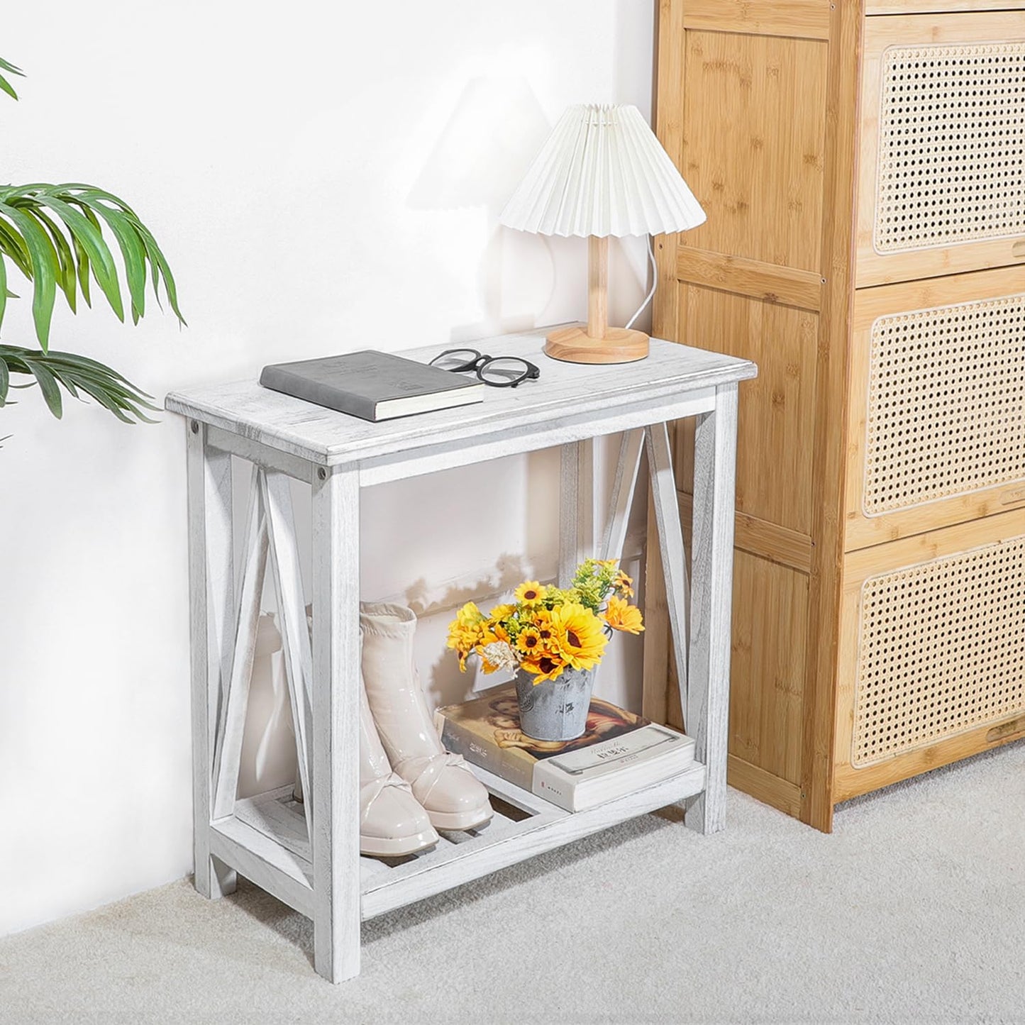 FEUFOAM Farmhouse Narrow End Table Wooden Rustic White Side Tables with Storage Shelves Narrow Sofa Table for Small Spaces Living Room Bedroom Bathroom Dorm