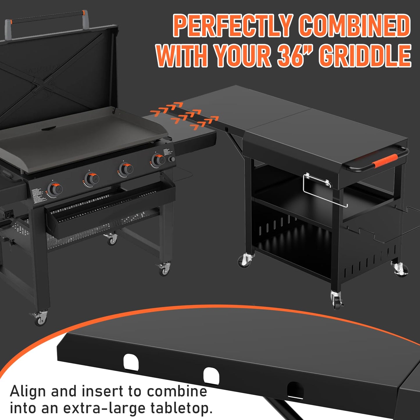 Outdoor Grill Table Cart for Blackstone 28"/36" Omnivore Griddle, 50" x 22“ Large Outdoor Kitchen Island with Foldable Side Table for Blackstone 17”/22” Griddle, Home BBQ, Tailgates, Cookouts