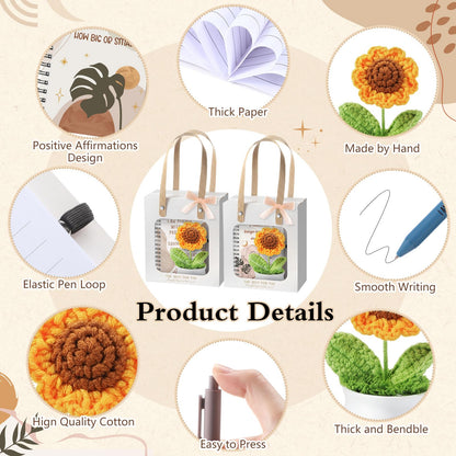 Kosiz 48 Pcs/12 Set Positive Affirmation Gift for Women Boho Positive Notebooks with Ballpoint Pens Motivational Spiral Notepad Inspirational Crochet Sunflower Gift for Mother's Day, Teacher, Coworker