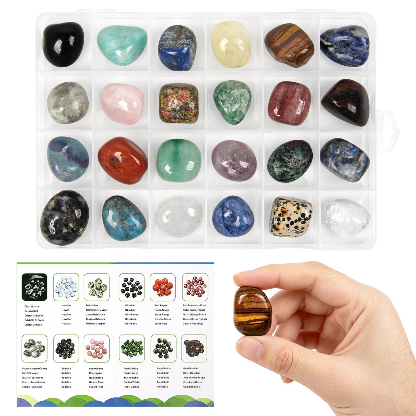 24 Pcs Tumbled Gemstones and Crystals Collection for Beginners and Collectors, Mixed Color Polished Crystals and Minerals Bulk, Rock Collection Box Gift