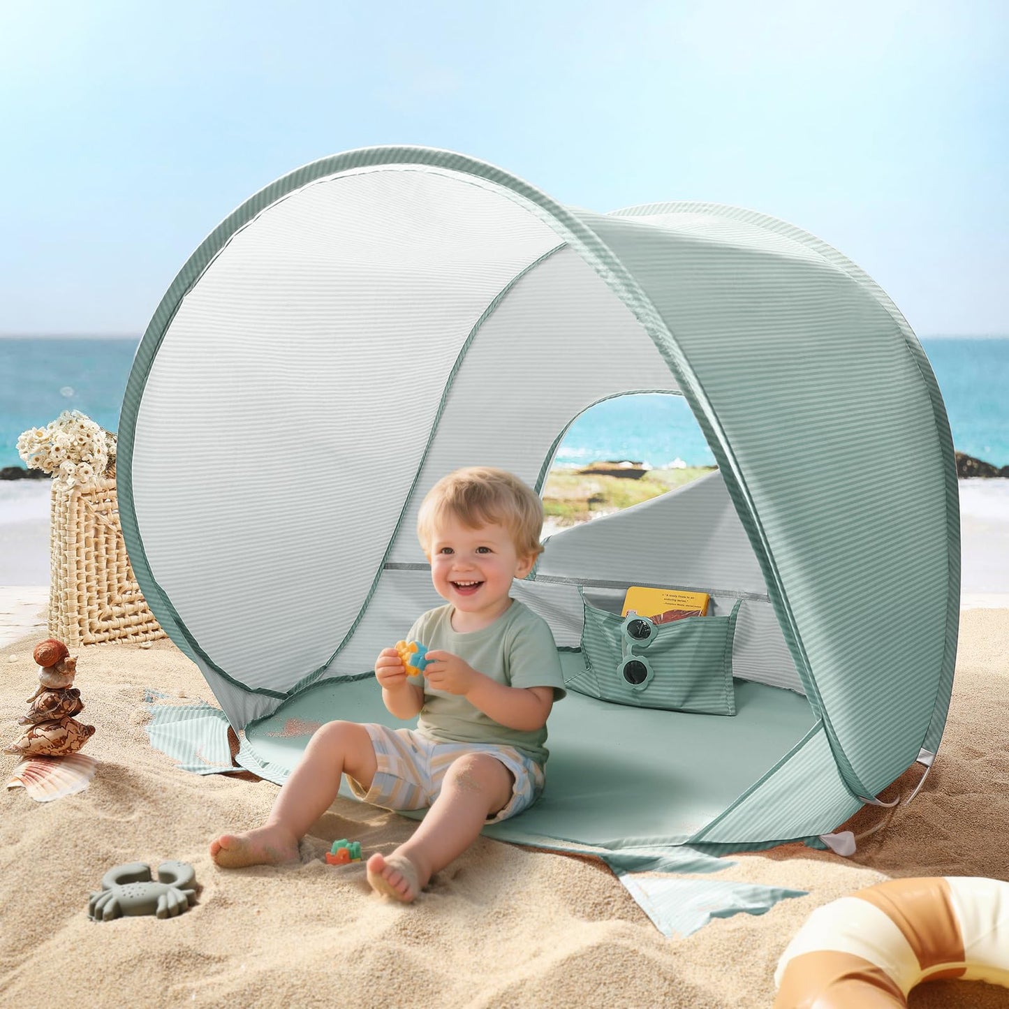 Tiny Land Baby Beach Tent – Pop Up Baby Tent with UV Protection, Portable Baby Beach Essentials, 35"x28"x32" Sun Shelter for Infants, Baby Outdoor Use (Green)
