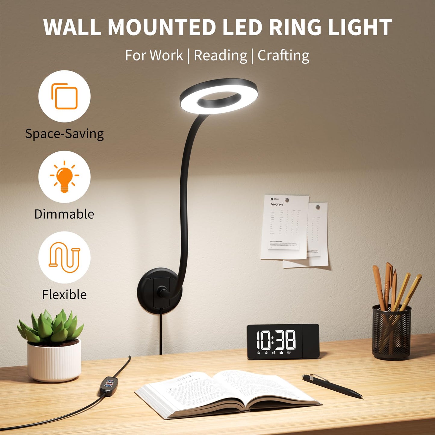 Kaulsoue Wall Mounted Lamp, Reading Light for Book in Bed at Night, Shadowless LED Lamp for Workbench Bedroom Bedside Headboard, Eye Care 5 Color & Brightness Adjustable, 360 Flexible Gooseneck, Black
