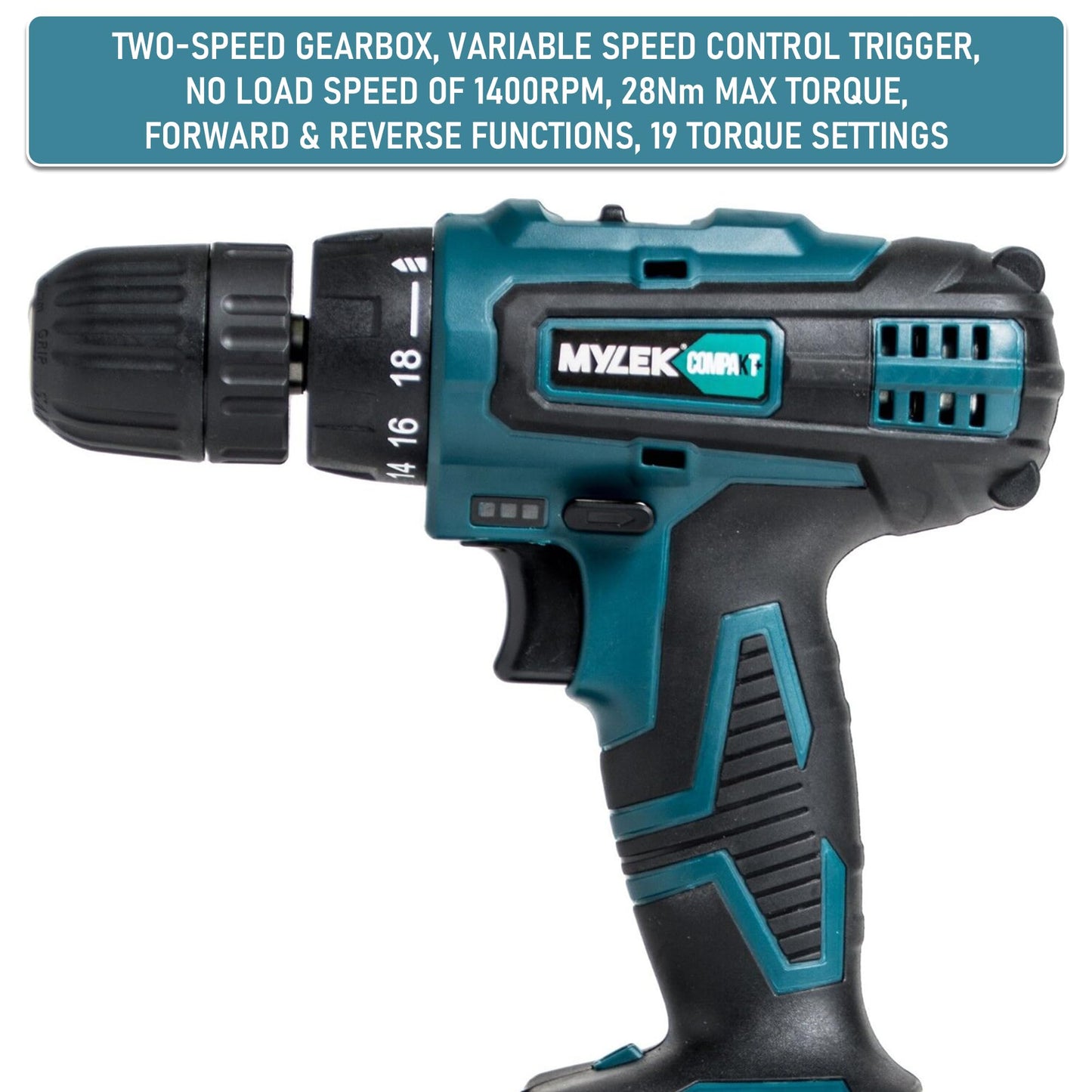 MYLEK MY18BCM1 Cordless Drill 18V, 1500 mAh Li-Ion Driver 28Nm, 1 Hour Electric Quick Charge, 2 Speed, LED Work Light, Carry Case with Accessory Kit, Variable Speed & Quick Stop Function