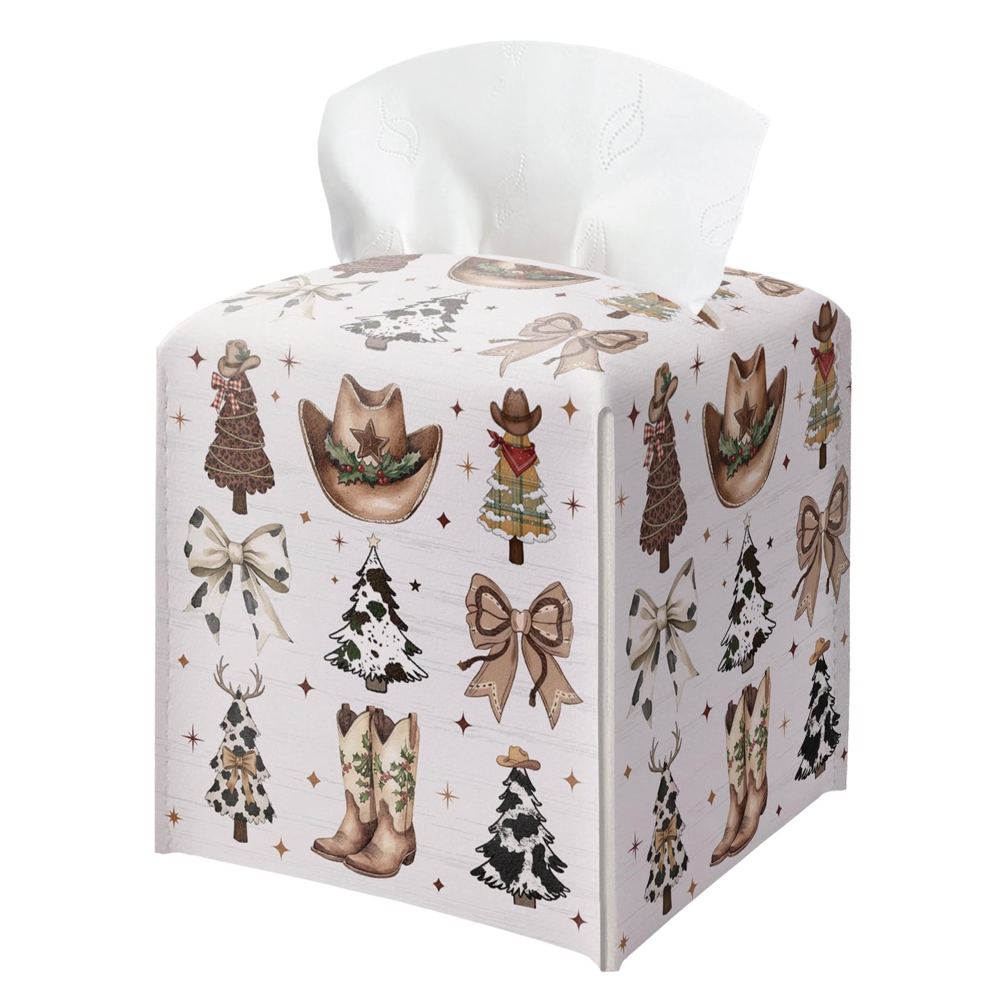 Country Christmas Tissue Box Holder, Cowgirl Boots Hat Christmas Trees Leather Tissue Box Cover Square, Paper Facial Decorative Tissues Cover for Bathroom Kitchen Office Home Decor-B33