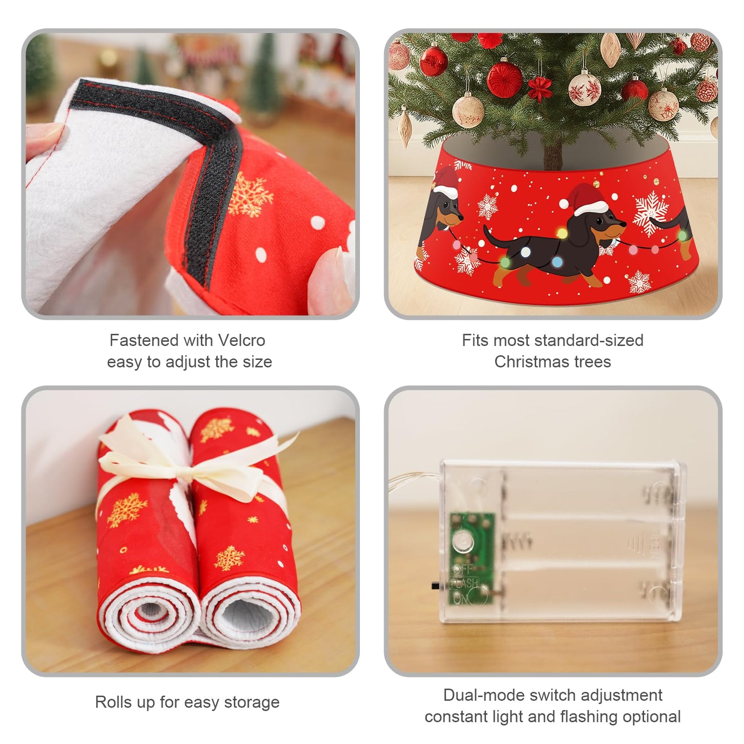 Dog Christmas Tree Collar Dachshund Christmas Decor Red Tree Skirt with LED Light Ring Base Cover for Christmas Trees Decoration Holiday Indoor Outdoor