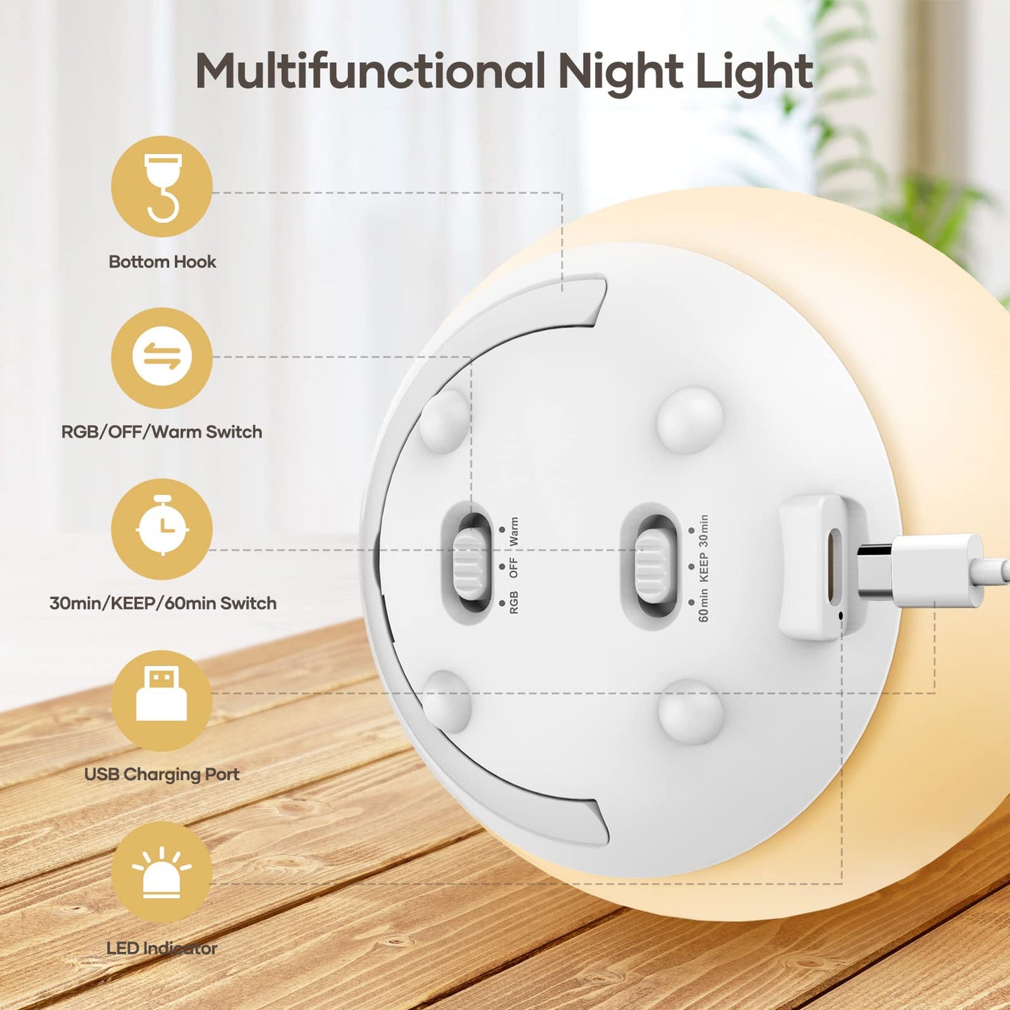 LED Night Light, Night Light for Kids, USB Rechargeable Table Lamp with Dimmable,Warm Light,7 Colors,Touch Control, 0.5/1hour Timer for Nursery, Baby,Bedroom,Camping
