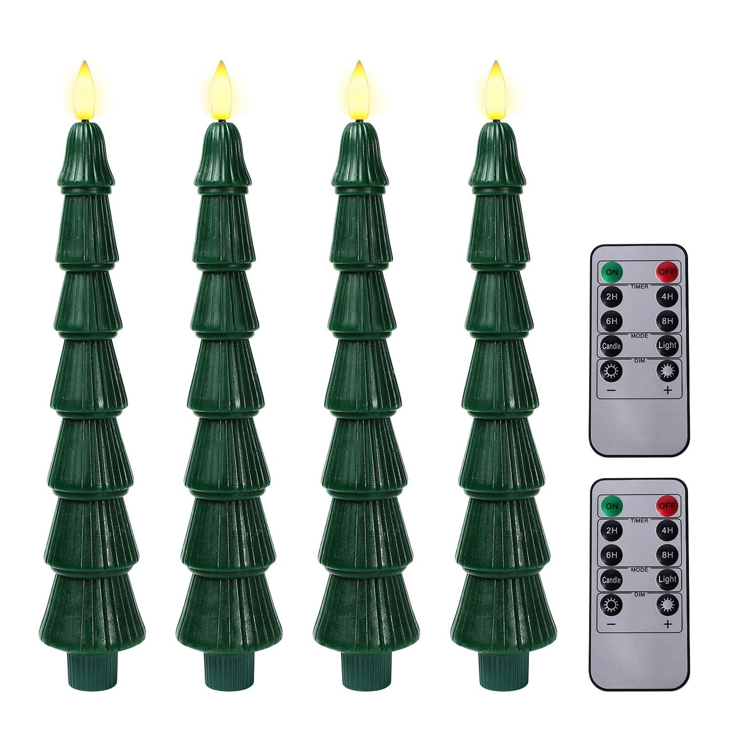 LiuSuper 4 Pack Christmas Tree LED Candles with Remote, Real Wax Flameless Taper Candles with 3D Flickering Flame, Lights Xmas Candlesticks for Christmas Home Party Decor (4 Pack Tower-Shaped)