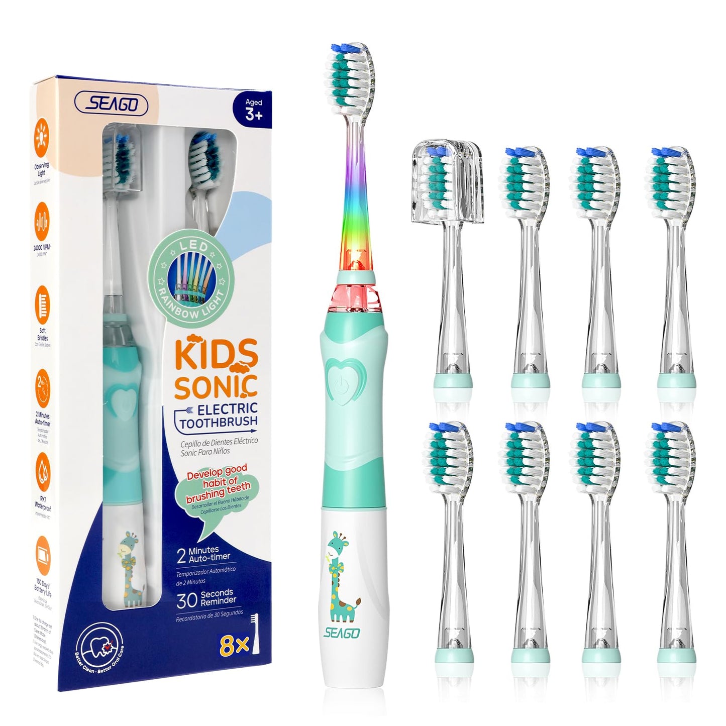SEAGO Kids Electric Toothbrush with 2 Mins Brushing Timer and 8 Replacement Bursh Heads,Rainbow LED Light Make Brushing Fun, Pink Color Girls Battery Powerd Toothbrush for 4-12 Years Old