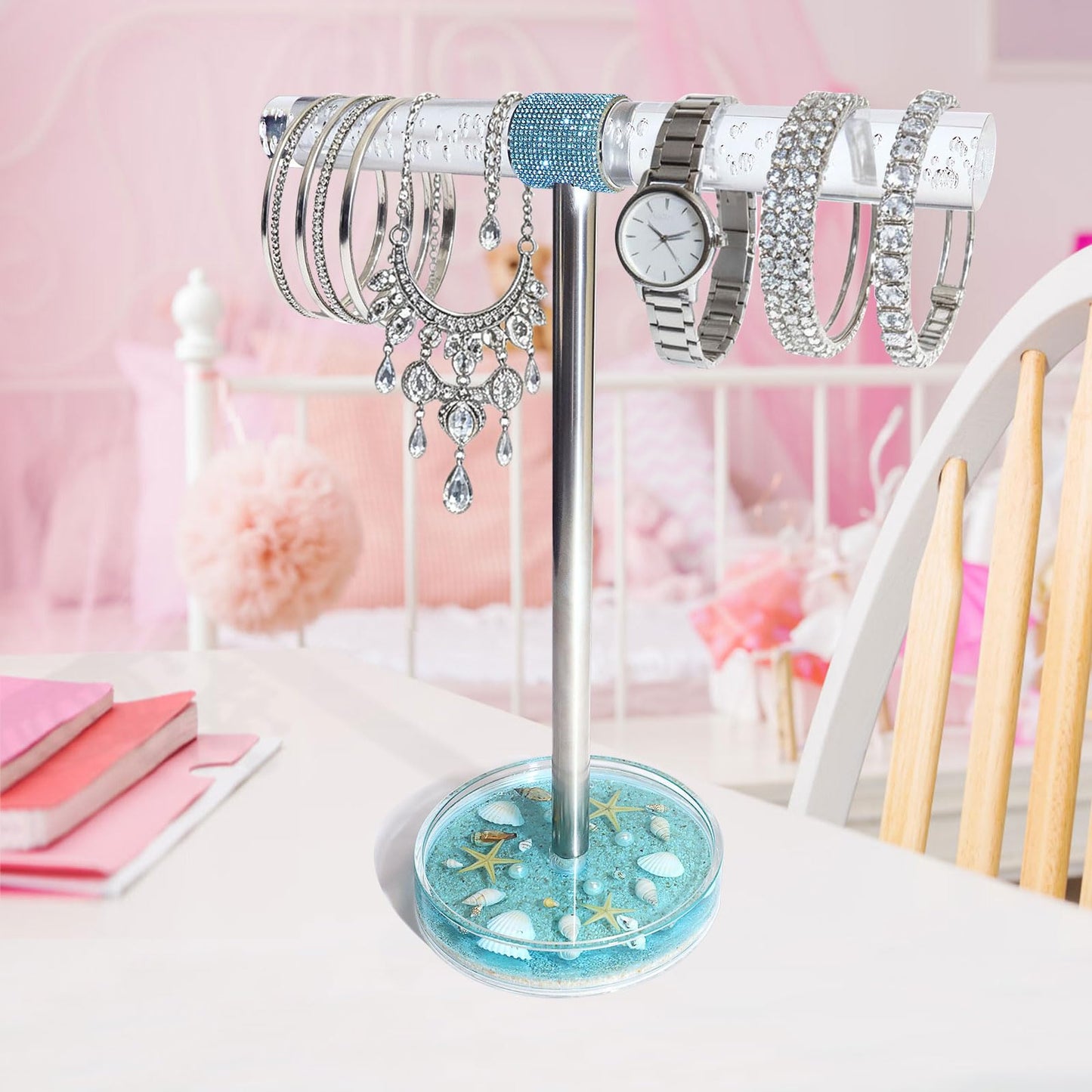 FONMY Jewelry Organizer Countertop Acrylic w/Nature Seashell Handmade,Seascape Standing Jewelry Holder W/Blue crystal for Bedroom Bathroom w/Weighted Base,Unique Gifts