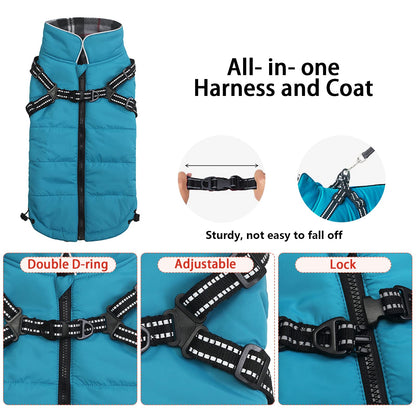 Warm Pet Dog Coats and Jackets,Waterproof Reflective Pet Dog Harness Vest Winter Puppy Clothes with Chest Strap, Outdoor Walking Adjustable Chest Strap-Blue-M