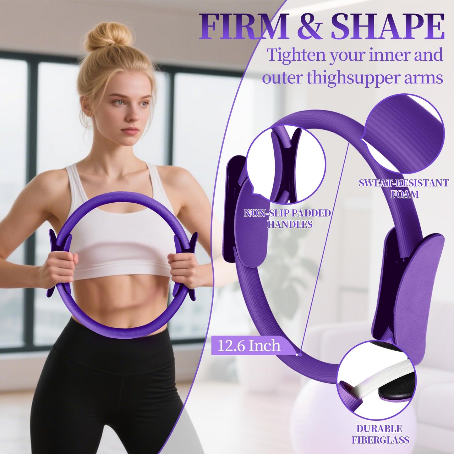 Pilates Essentials Kit for Women 15 Pcs Pilates Equipment for Home Workouts with Yoga Circle Ball Ring, 5 Resistance Bands,Pedal Puller Resistance Band,Anti Slip Socks for Starter Set,Purple
