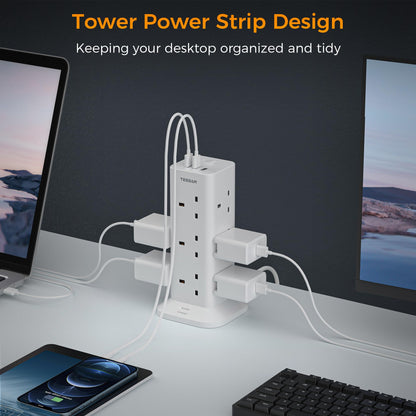 Tower Extension Lead with 3 USB Slots, TESSAN 12 Way Multi Plug Adaptor with Switch, Surge Protected Power Strip with 2M Cable (13A 3250W) for Home, Office, Kitchen, School Supplies