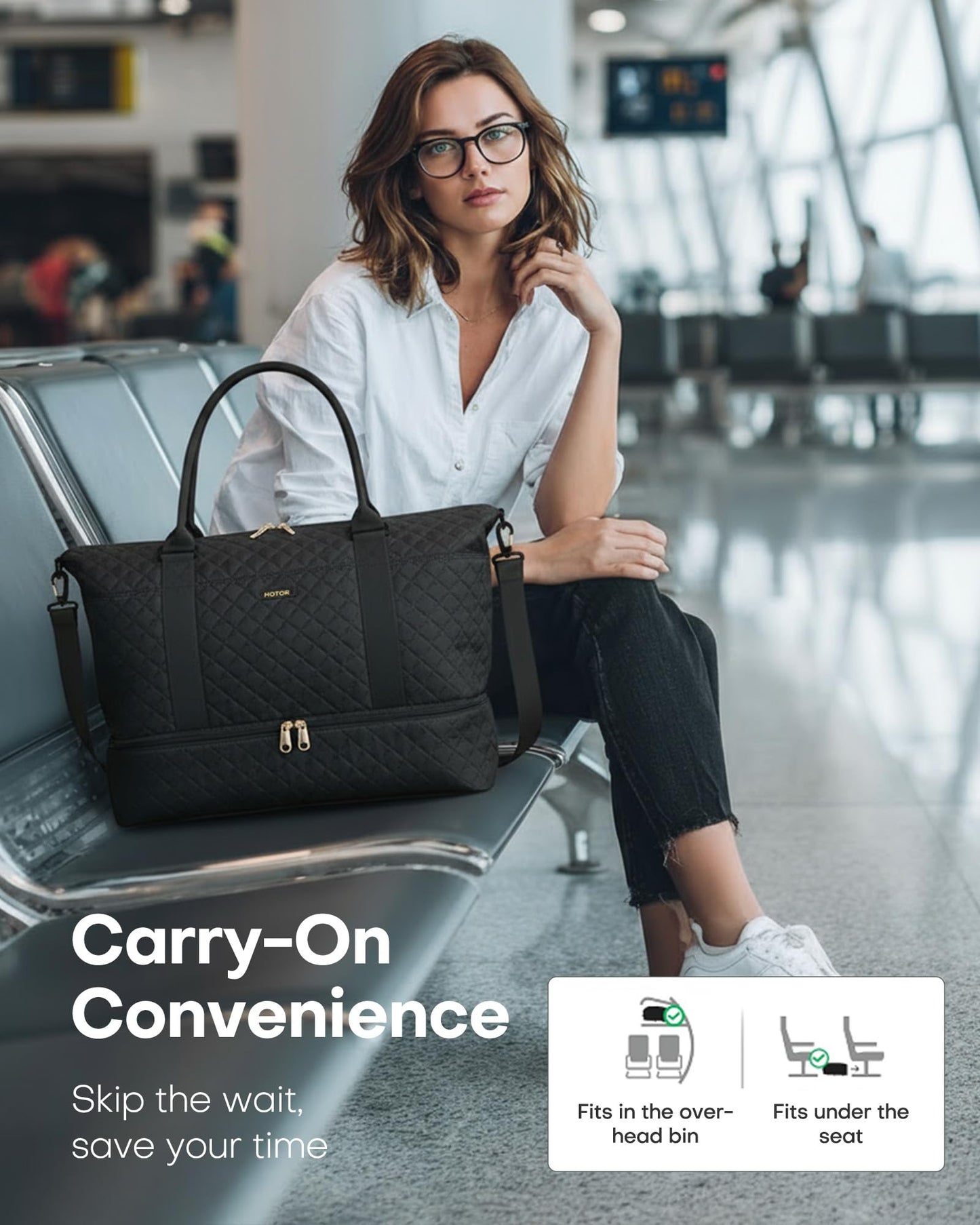 HOTOR Travel Duffel Bag - Weekender Bags for Women, Gym Tote Bags with Shoe Compartment, Carry On Overnight Bag with Toiletry Bag for Travel Essentials and Travel Accessories, Black, 13.4"×17.3"×7.9"