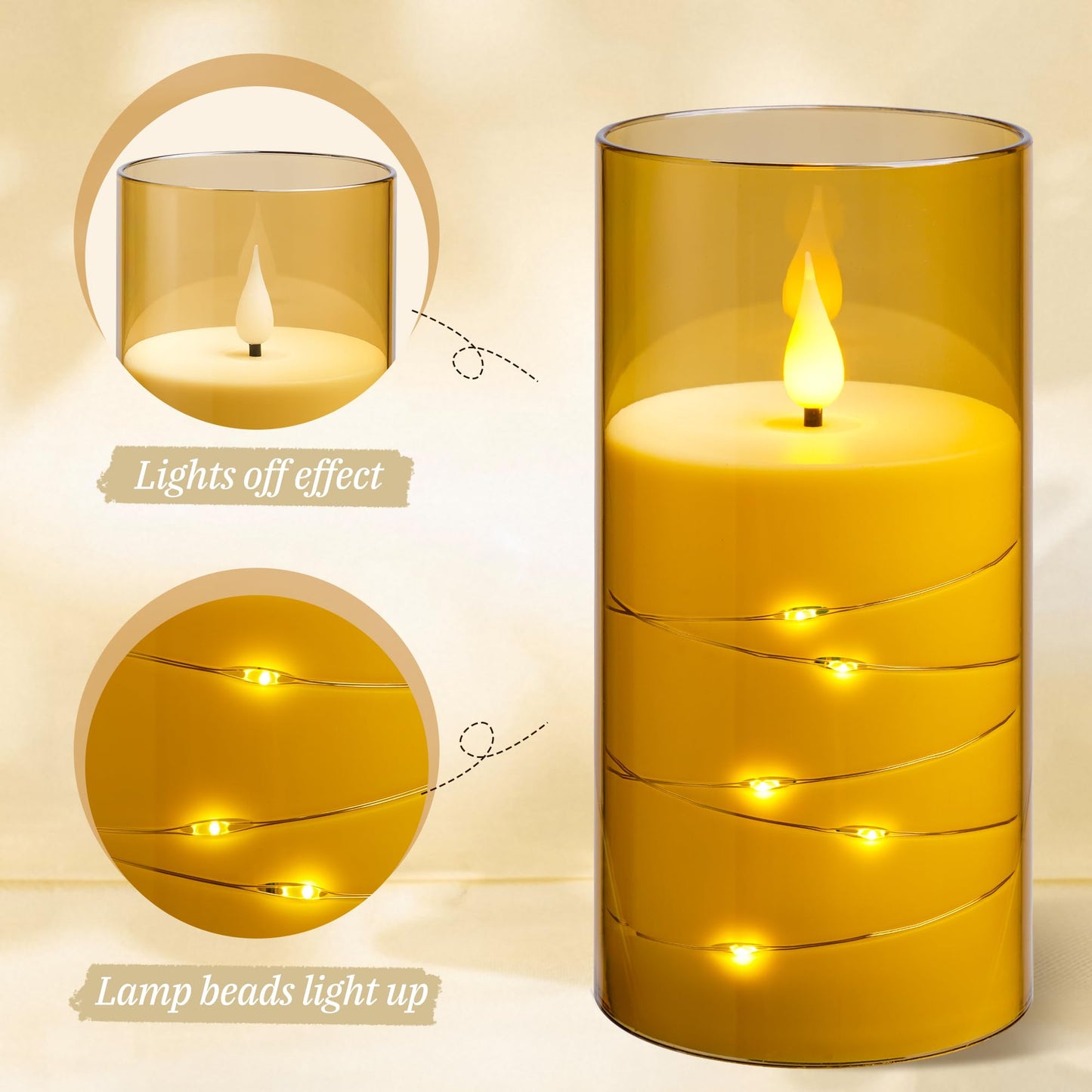 Kiexung Flashing Flameless Candles with String Light, Battery Powered Candle, Recessed String LED Candles, Indestructible Plexiglass Candle with Remote Control, Set of 3, Amber