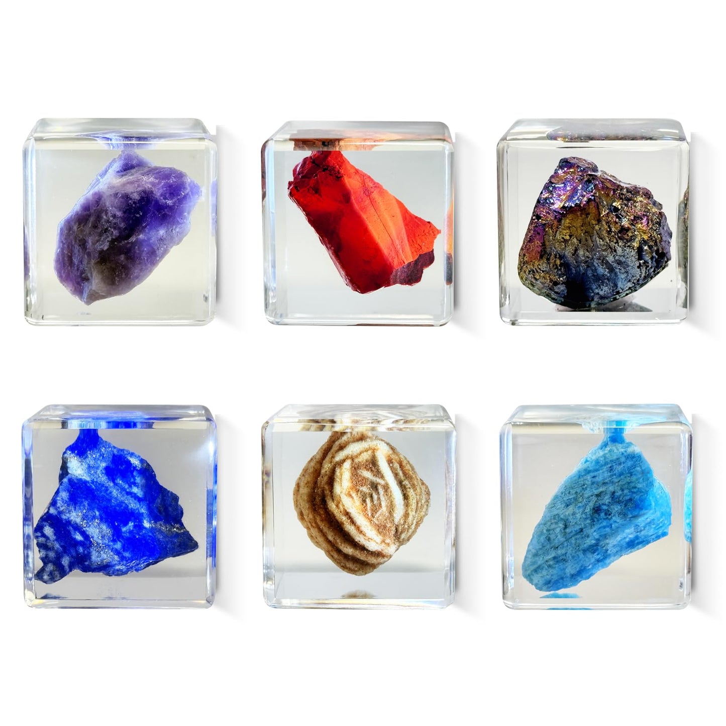 Crystal Specimen in Resin Cube - 6 Minerals Amethyst Lapis Lazuli for Geology Classroom STEM Education Healing Crystals Collection Display Gift 1.38×1.38×1.38inch