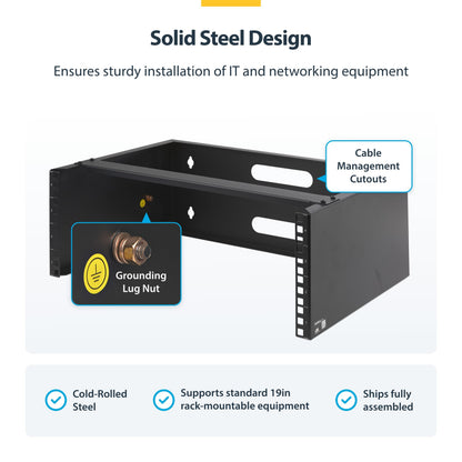 StarTech.com 4U Wall Mount Network Rack - 14 Inch Deep (Low Profile) - 19" Patch Panel Bracket for Shallow Server and IT Equipment, Network Switches - 44lbs/20kg Weight Capacity, Black (WALLMOUNT4)