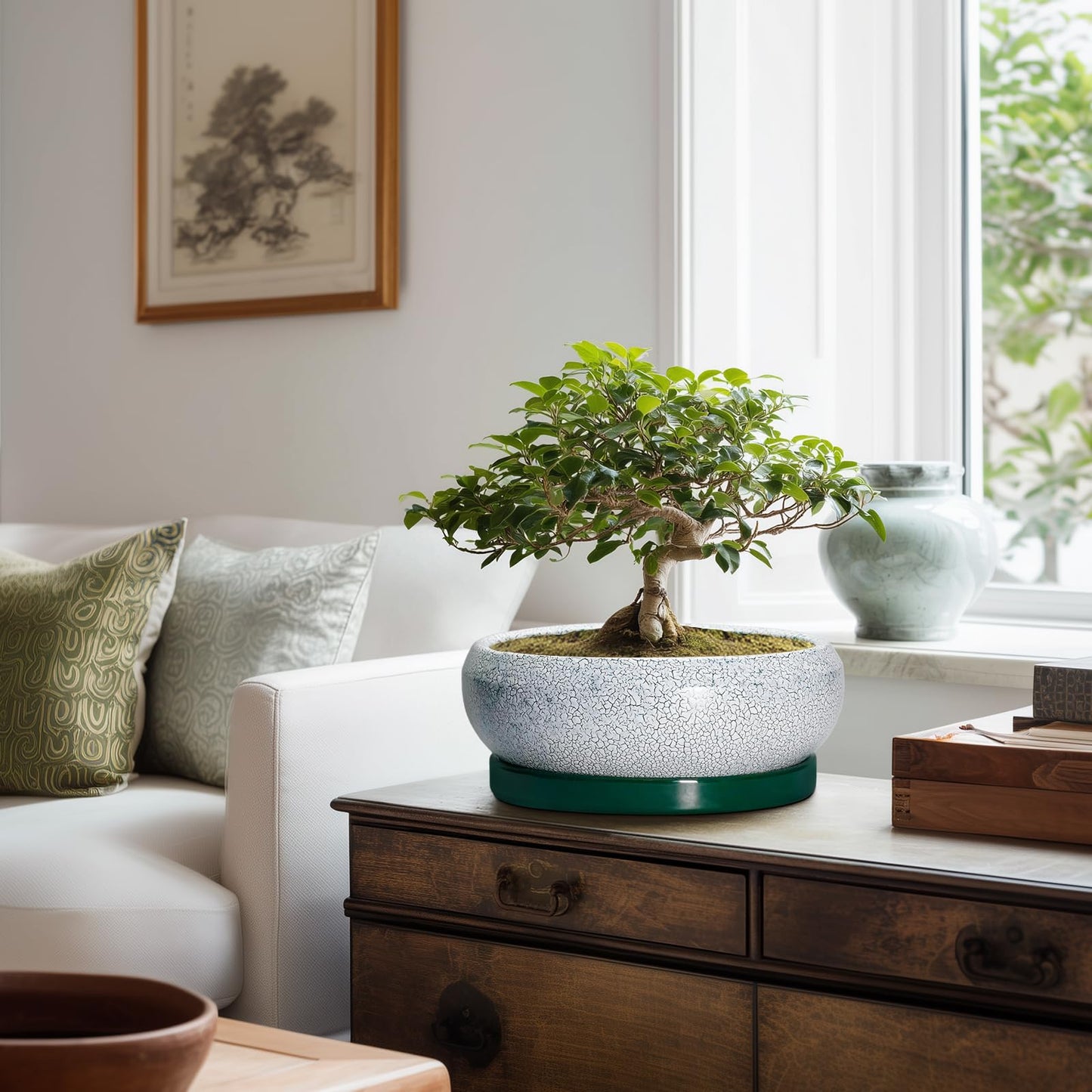 EPFamily Succulent Planters 10 Inch - Ceramic Bonsai Pots with Drainage Hole and Saucer, Large Succulent Pots Indoor, Shallow Planter, Round Bowl Planter Outdoor, Patio Decor, Plant Lover Gift, Green