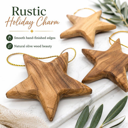 Zuluf Set of 3 Olive Wood Star Ornaments from Bethlehem 2.56 Inch, Handcrafted Star of Bethlehem Christmas Tree Decorations, Rustic Holy Land Christian Wooden Ornaments, with Certificates