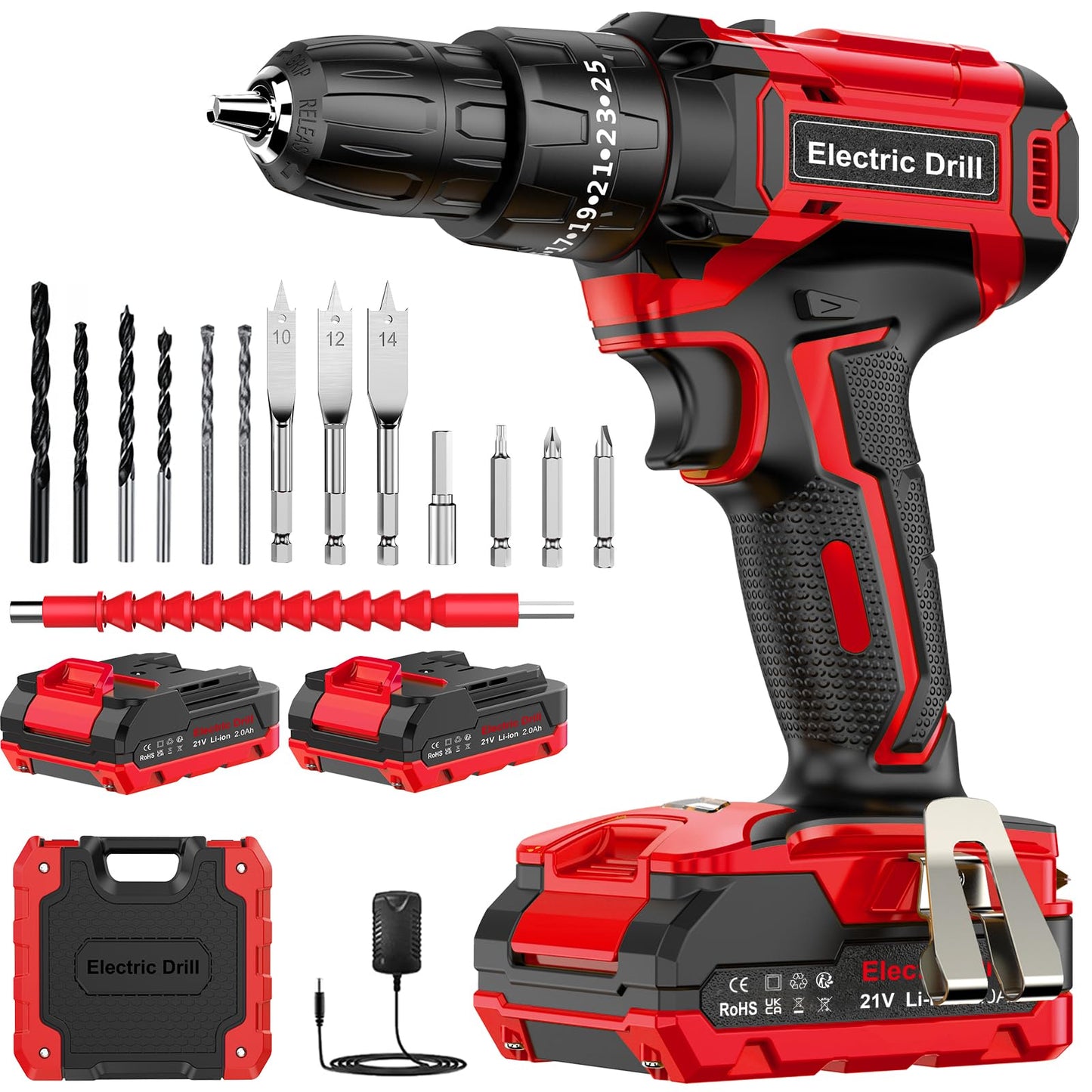 Power Drill Set 21V, Cordless Hammer Drill with 2 Batteries 2.0Ah,42N.m Max, 25+3 Torque, 2 Speed, LED Light, 20pcs Bits Electric Drills for Home