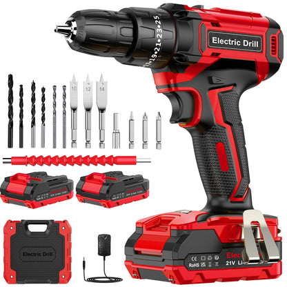 Power Drill Set 21V, Cordless Hammer Drill with 2 Batteries 2.0Ah,42N.m Max, 25+3 Torque, 2 Speed, LED Light, 20pcs Bits Electric Drills for Home