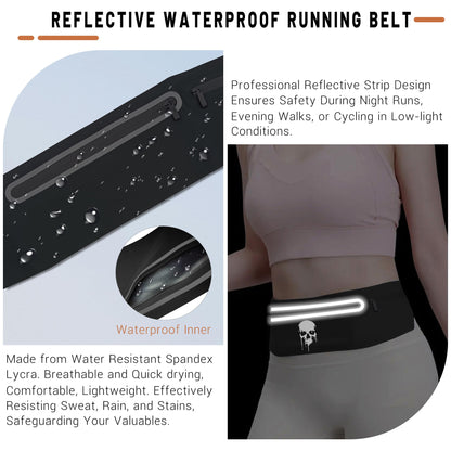 Skull Running Belt Waist Fanny Pack Phone Holder for Women, Waterproof Reflective Running Pack for Men Black Skull Jogging Pouch Adjustable,Horror Grim Reaper Wallet Holder for Hiking Cycling Workout