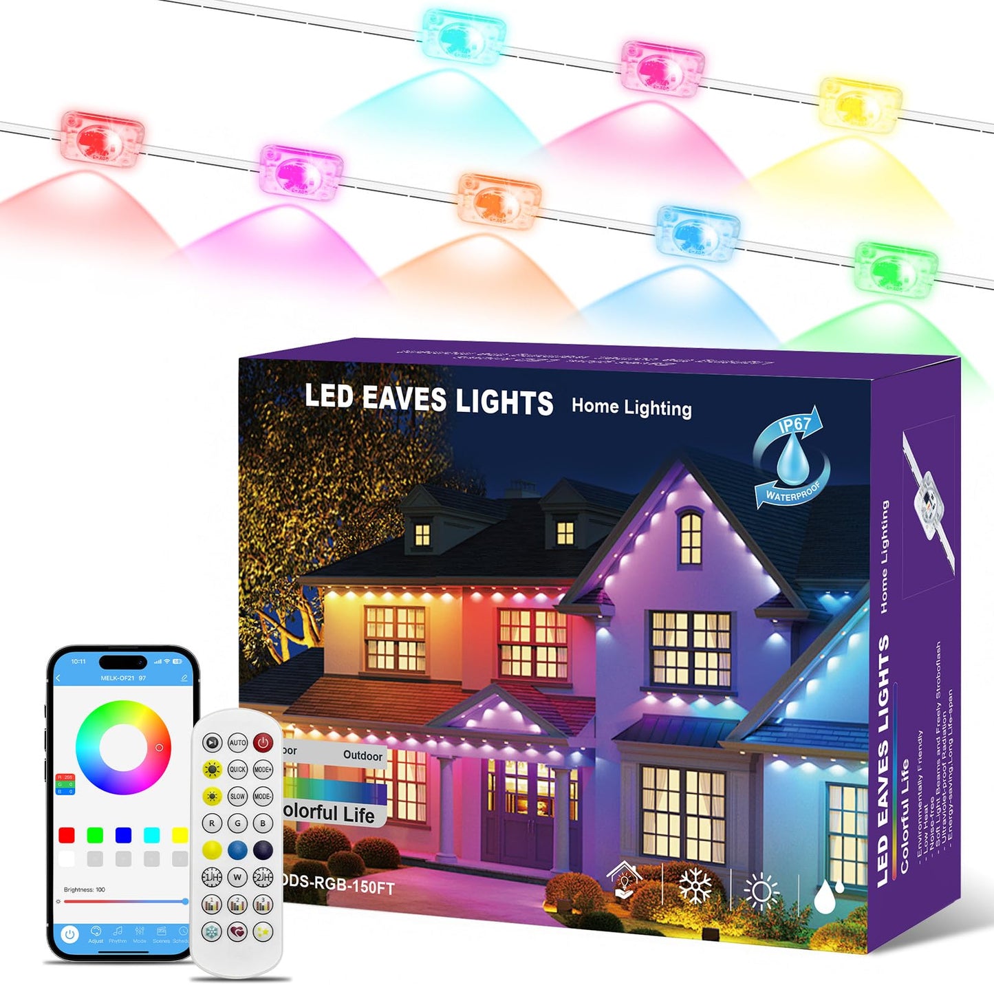mw Permanent Outdoor Lights for House, 150ft RGB+IC Smart Outdoor Decor, 50+ Scene Modes, App/Remote Control, IP68 Waterproof, House Eave Lights for Christmas, Party Decorations