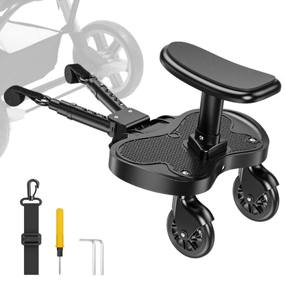 BugyKido Buggy Board, Universal Buggy Board with Seat for Children, Baby Kiddy Board, Stroller Accessory from 2-6 Years (25 kg), for Over 99% of Baby Carriages, Black Wheels