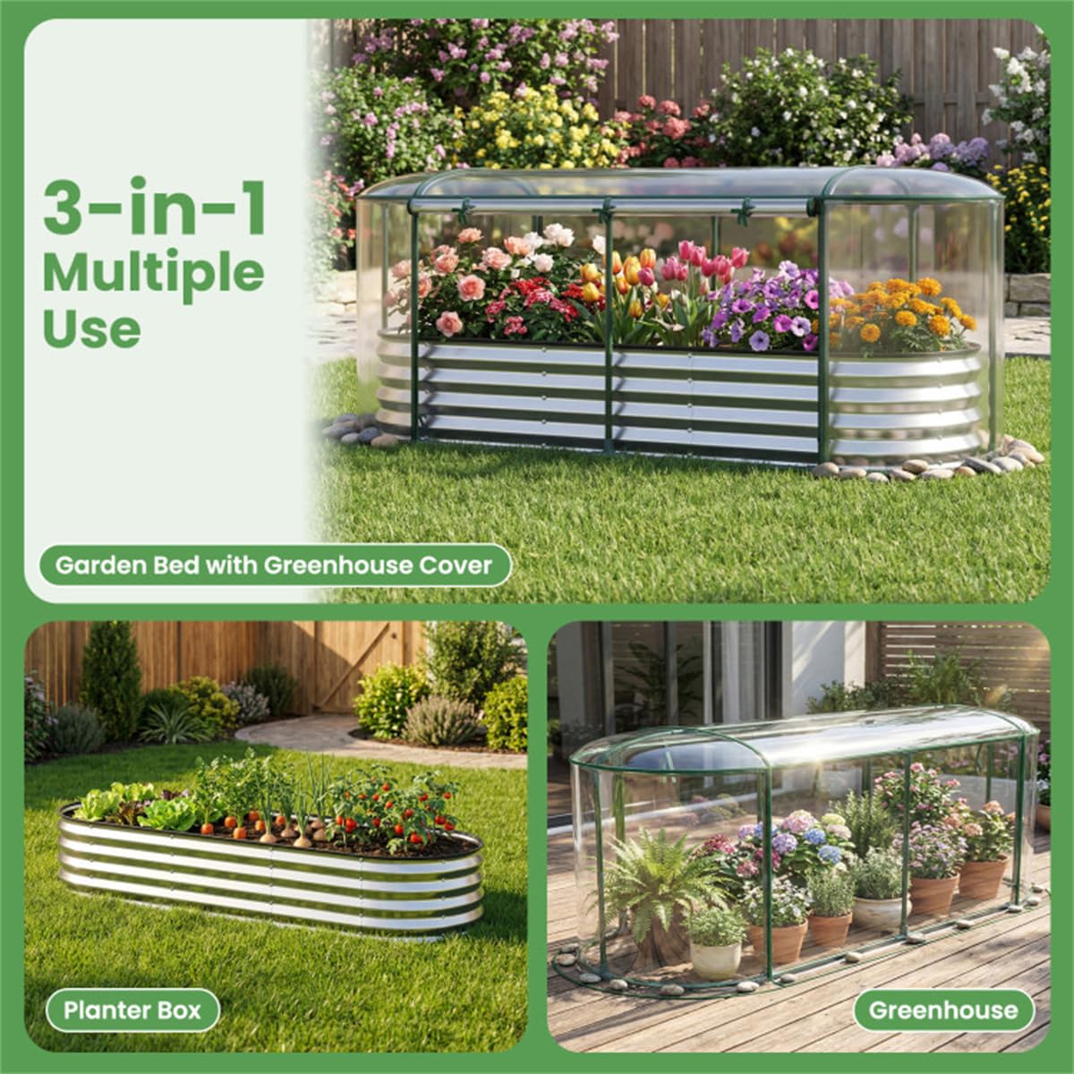 3-in-1 Raised Garden Bed with Greenhouse Cover, Oval Color Steel Planter Box, 6x2x1 Ft, Black (Silver)