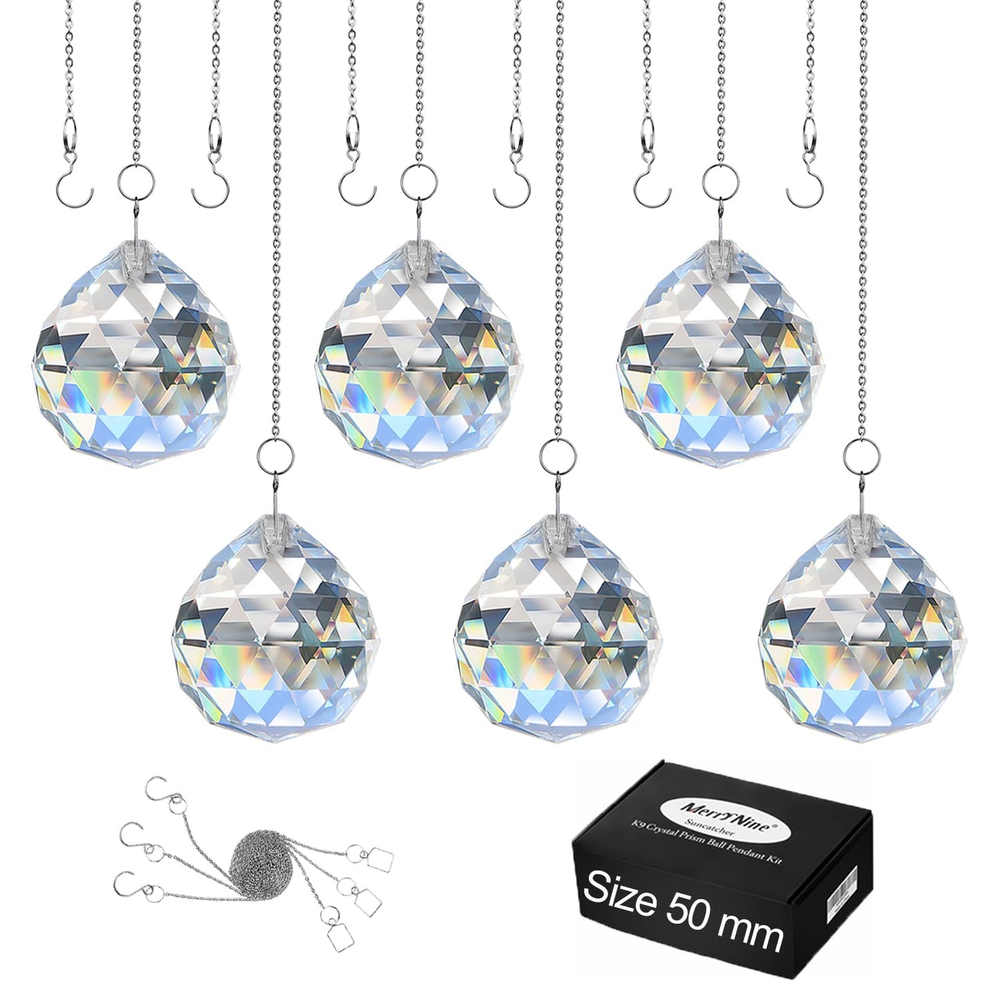 MerryNine 6 Pcs Clear Crystal Ball Prism Sun Shine Catcher Rainbow Pendants Maker, Hanging Crystals Prisms for Windows, for Feng Shui, for Gift (1.96"/50mm 6Pack)