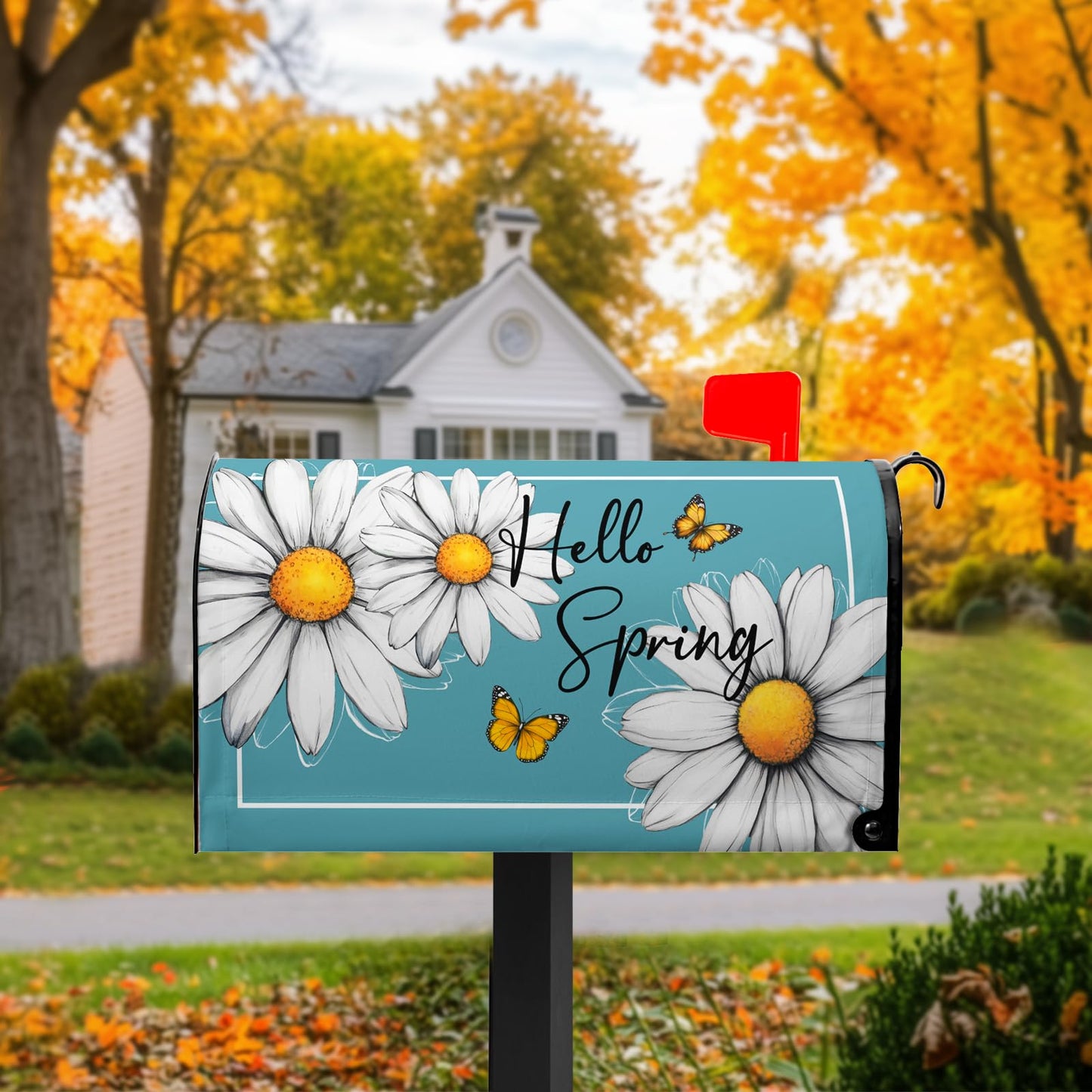 VentuCoven Spring Floral Daisy Mailbox Cover Magnetic Standard Size 21x18 in Floral Butterfly Post Letter Box Cover Decorations for Outside Garden Yard Blue
