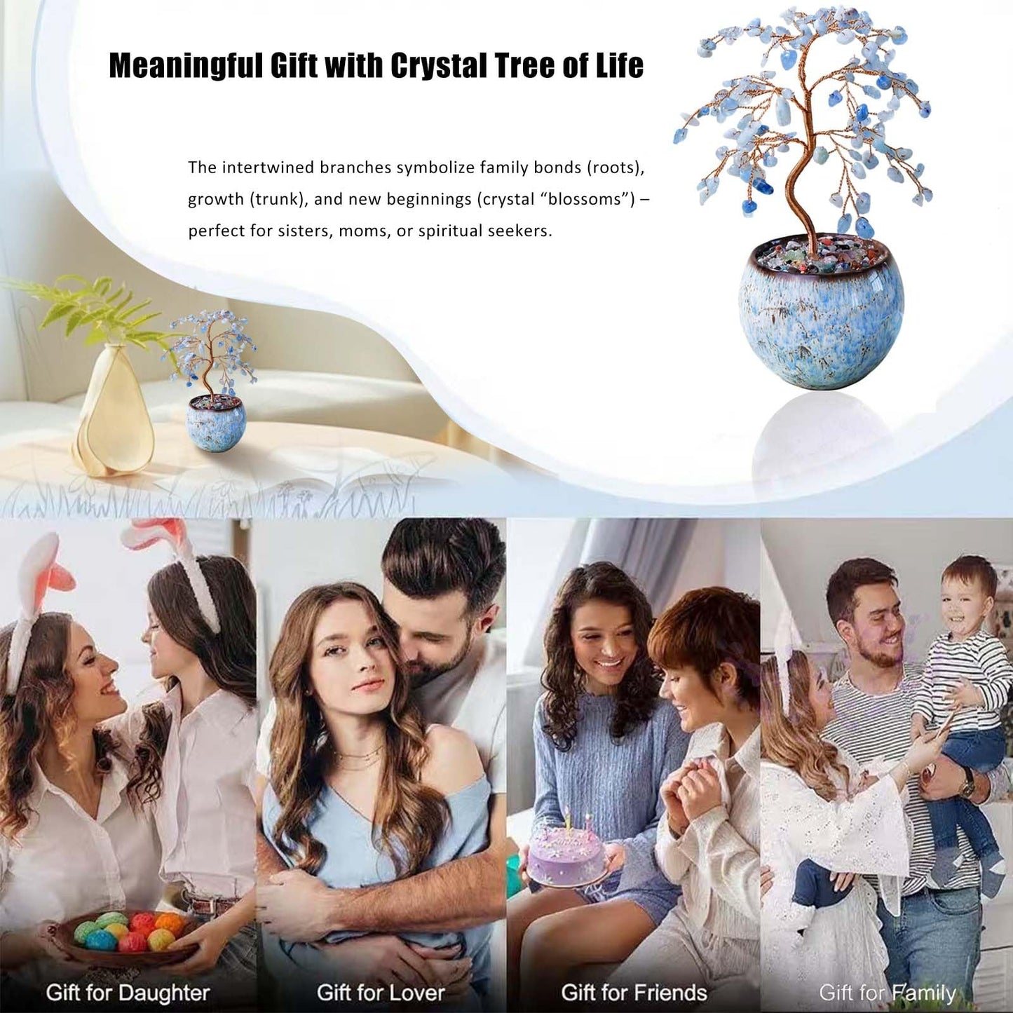 Runyangshi Aquamarine Crystal Tree of Life - 8" Large Natural Chakra Healing Crystal Tree, Bringing Money, Good Luck, Positive Energy for Home Decor, Feng Shui Gifts, Office Desk Ornament