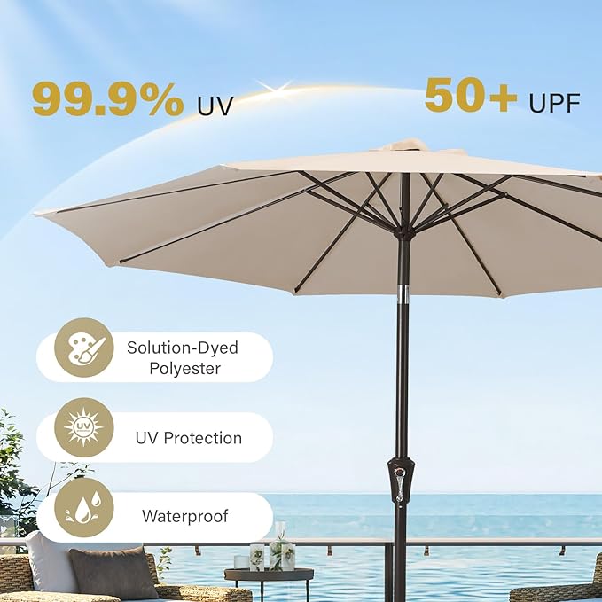 MEWAY 9ft Patio Umbrella Outdoor Table Umbrellas with Push Button Tilt and Crank, Market Umbrella 8 Sturdy Ribs for Deck, Garden, Pool and Backyard, Beige