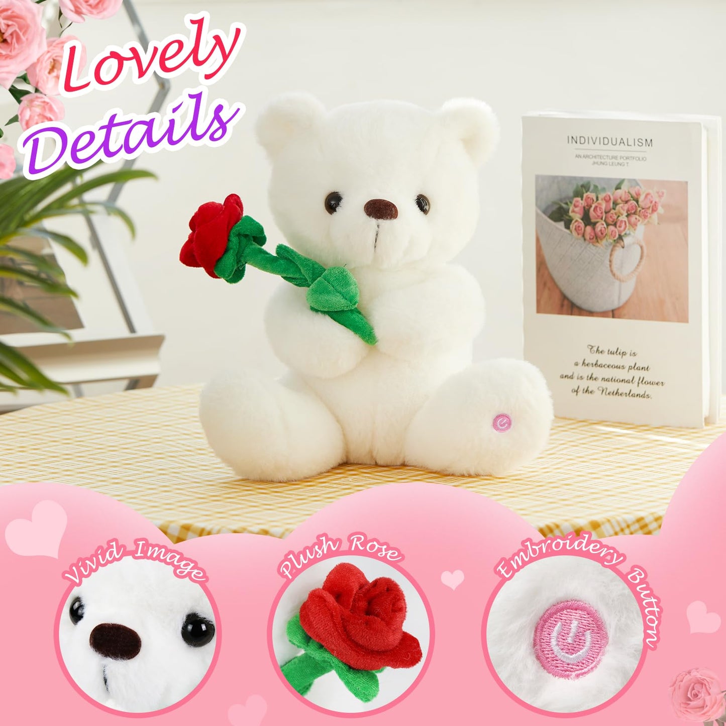 Houwsbaby Glow Teddy Bear with Rose White Bear Stuffed Animal Soft Light Up Plush Toy LED Night Lights Birthday Christmas for Kids Toddler Girlfriend,White,10.5''
