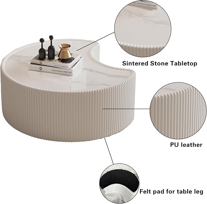 29.53" Marble Coffee Table, Modern Creative Moon Coffee Table