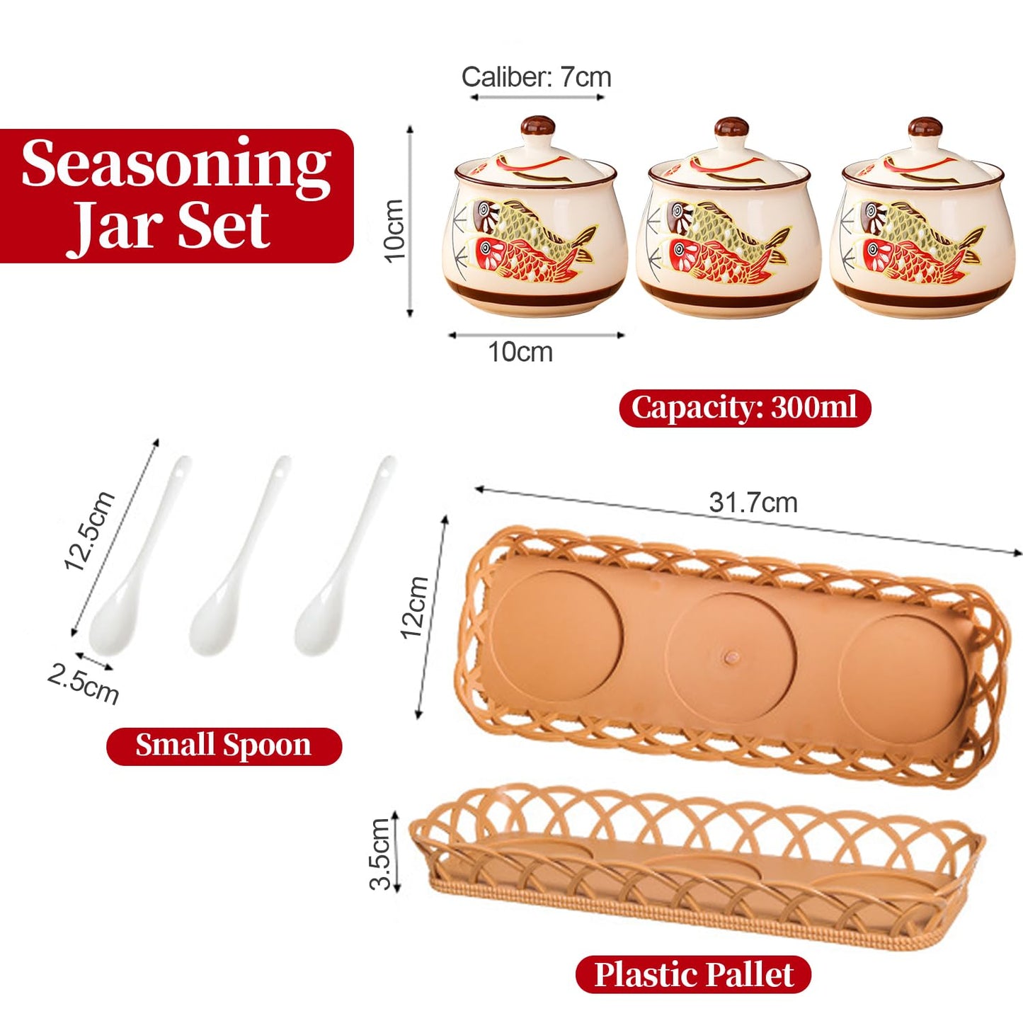 Orkim Kitchen Ceramic Condiment Jars with Lids and Spoons, 3 Piece Porcelain Seasoning Jar Set for Salt Spice Pepper Suger Bowl, Coffee Tea Container Pot with Serving Tray - Japanese Koinobori